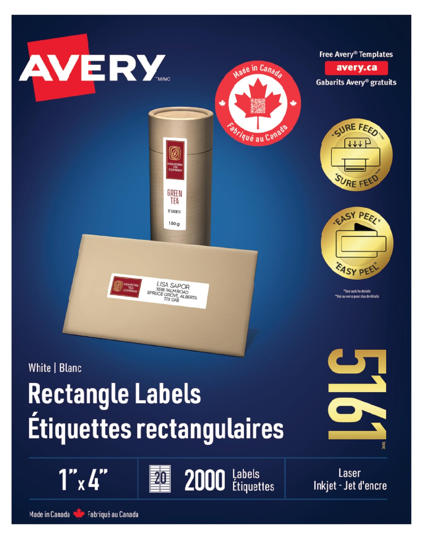 Avery White Rectangle Labels, 1" X 4" Rectangle Label with Easy Peel for Laser/Inkjet Printers, Shipping/Addressing, Permanent Labels, Printable Blank 2000 Labels, (5161) Made in Canada
