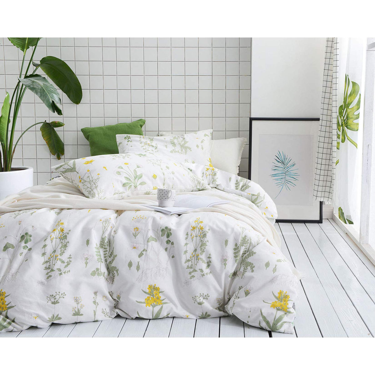 Wake In Cloud - Botanical Duvet Cover Set Twin/Twin XL, 100% Cotton Bedding, Yellow Flowers and Green Leaves Floral Garden Pattern Printed on Off White (3pcs, Twin/Twin XL Size)