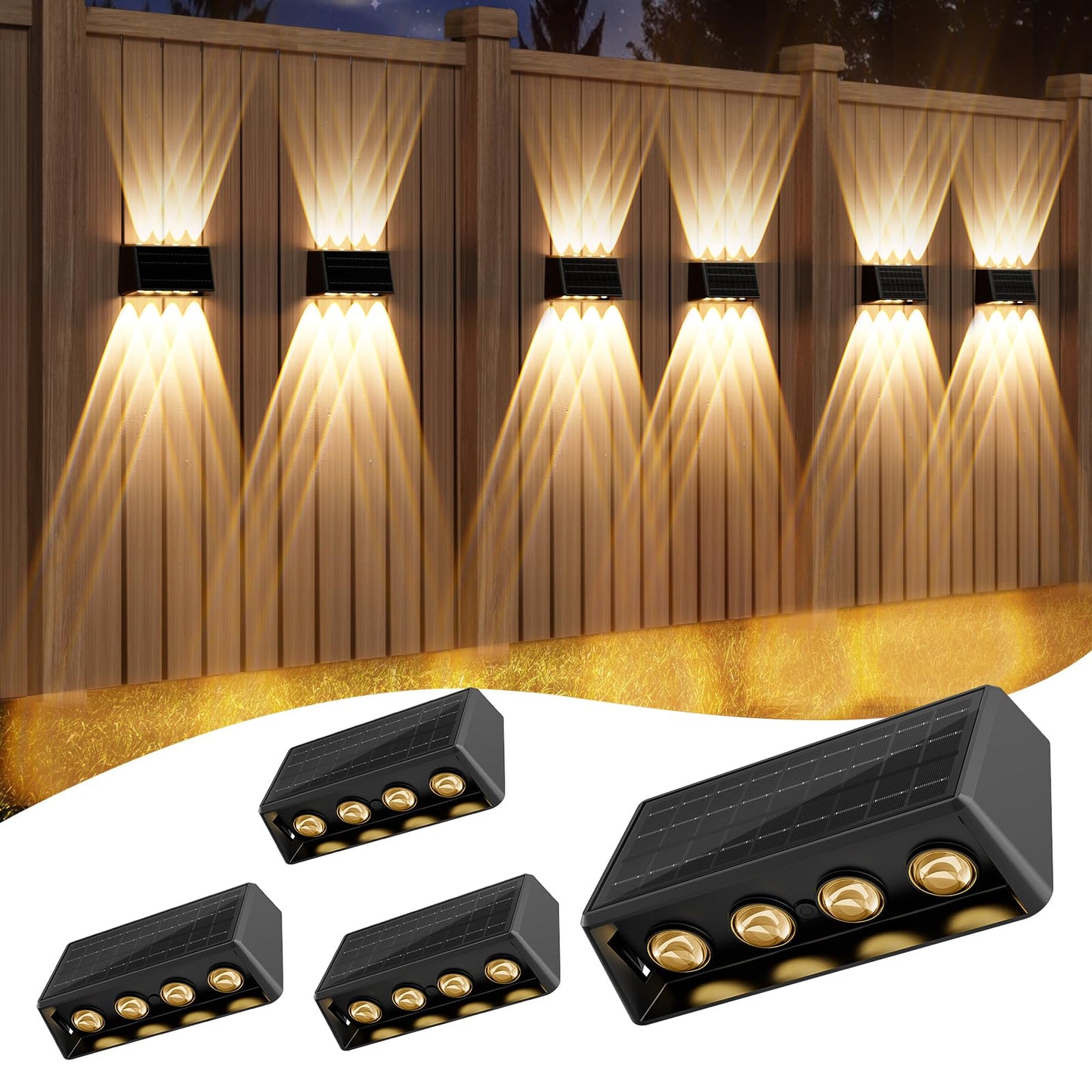 Quntis 4-Pack RGBCW Solar Fence Lights, UP & Down 8-LEDs Brighter Lighting, 13 Color Modes, IP65 Waterproof Solar Deck Lights, Auto On/Off Solar Lights Outdoor for Garden Porch Yard Step Stair Wall