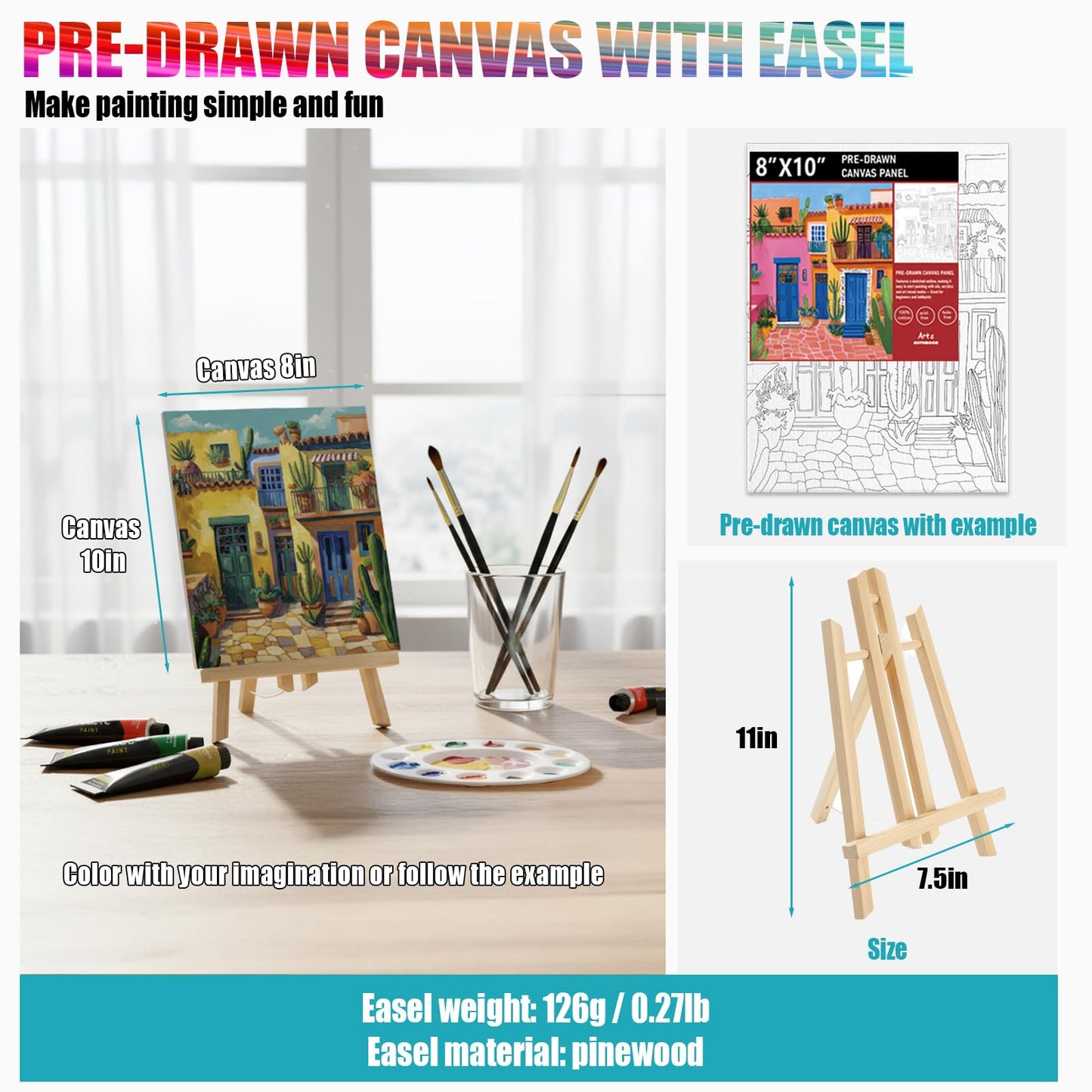 2 Pack Painting Set for Couples or Family Groups, 62 PCS Paint Set with 2 Table Easels,24 Acrylic Paints,6 Pre-Drawn & Blank Canvases,24 Brushes,2 Pencils,2 Palettes and Painting Guides