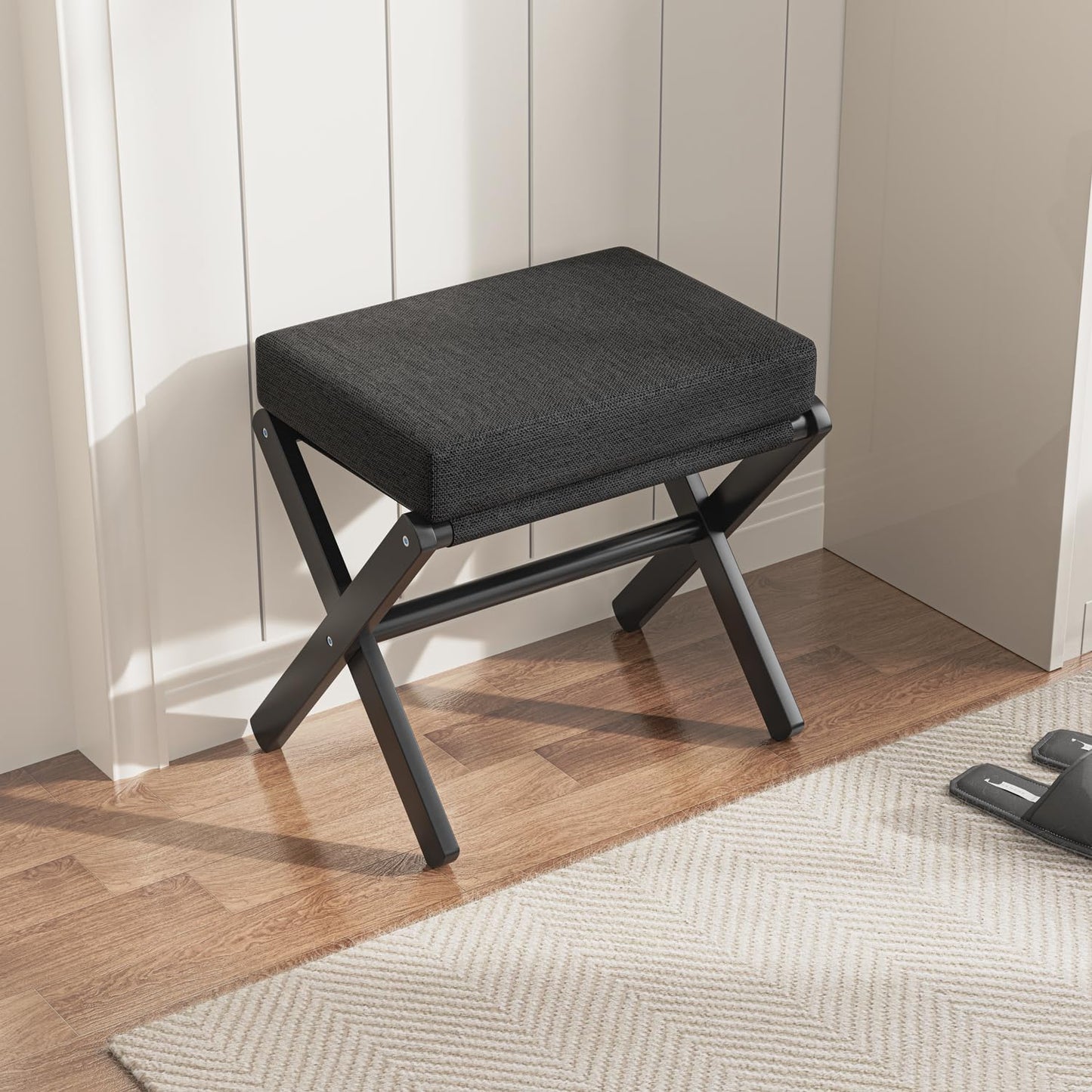 BAMBOOHOMIE Foldable Foot Stool Ottoman, Modern Foot Rest with Bamboo X Legs & Thick Foam Cushion, Folding Foot Stools Small Padded for Bedroom Living Room, Makeup Vanity Stool Chair (Black - Black)