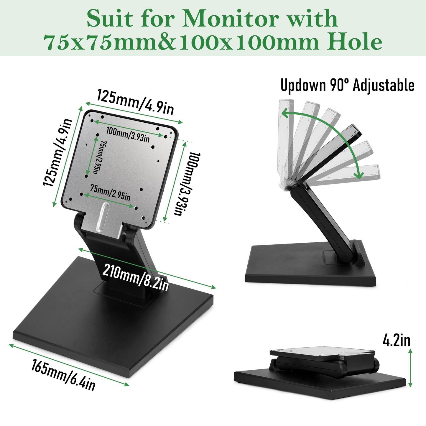 Tcatec Adjustable LCD Monitor Stand, Lay Flat Monitor Stand, Swivel PC Desk Stand Foldable Computer Monitor Mount Non Slip Desktop Bracket with Hole for Fixing Monitor, Black