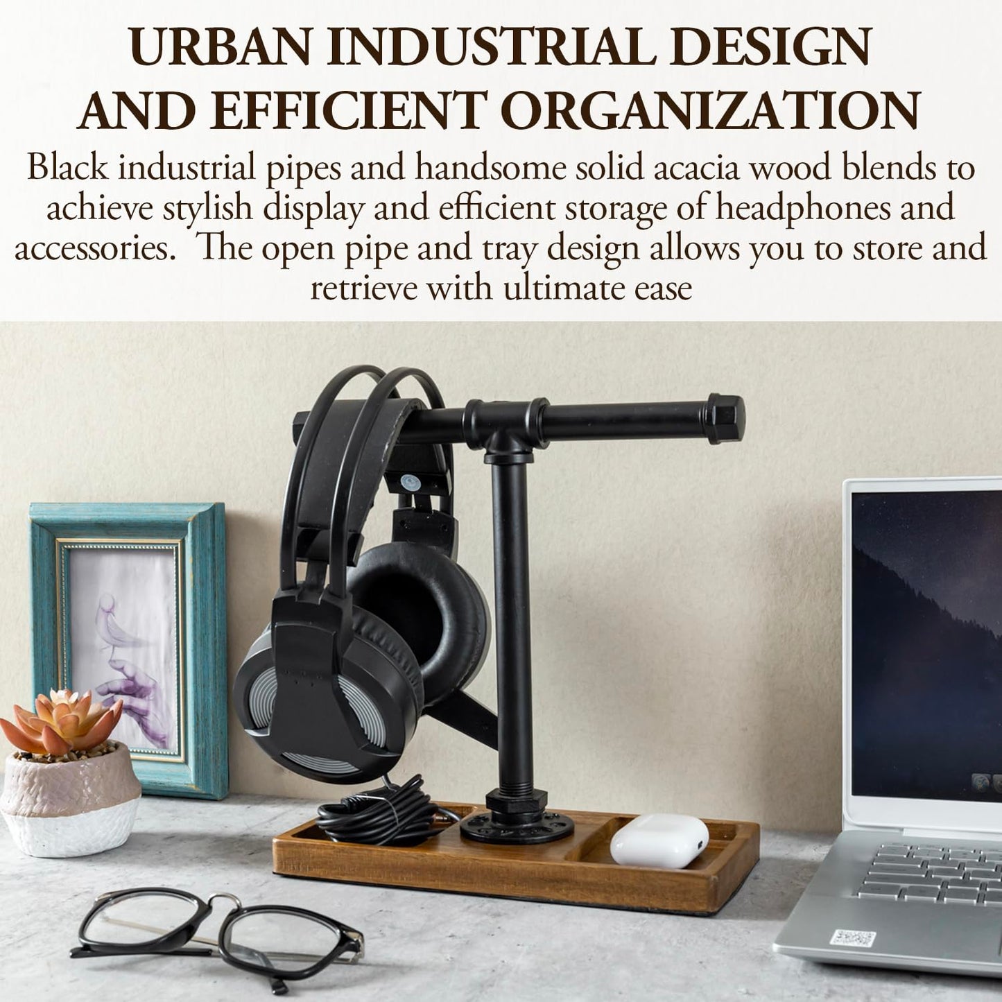 MyGift Premium Acacia Solid Wood and Industrial Black Metal Pipe T-Bar Over Ear Headphones Holder, Tabletop Dual Headphone Display Stand with Accessories Tray