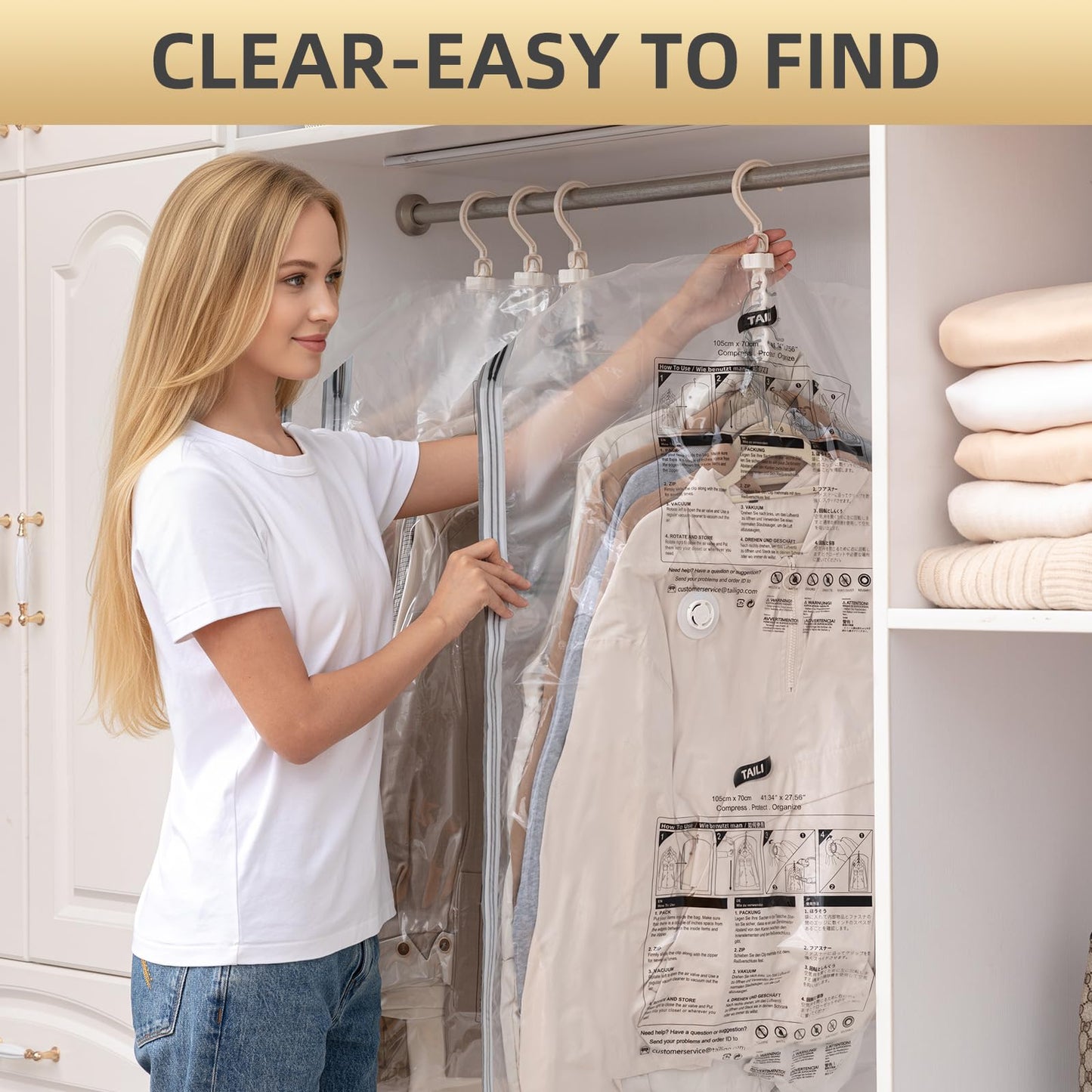 TAILI Hanging Vacuum Storage Bags Space Saver Bags for Clothes, Set of 4 (2 Long, 2 Short), Vacuum Sealer Bags for Coats, Suits and Jackets, Closet Organizers and Storage