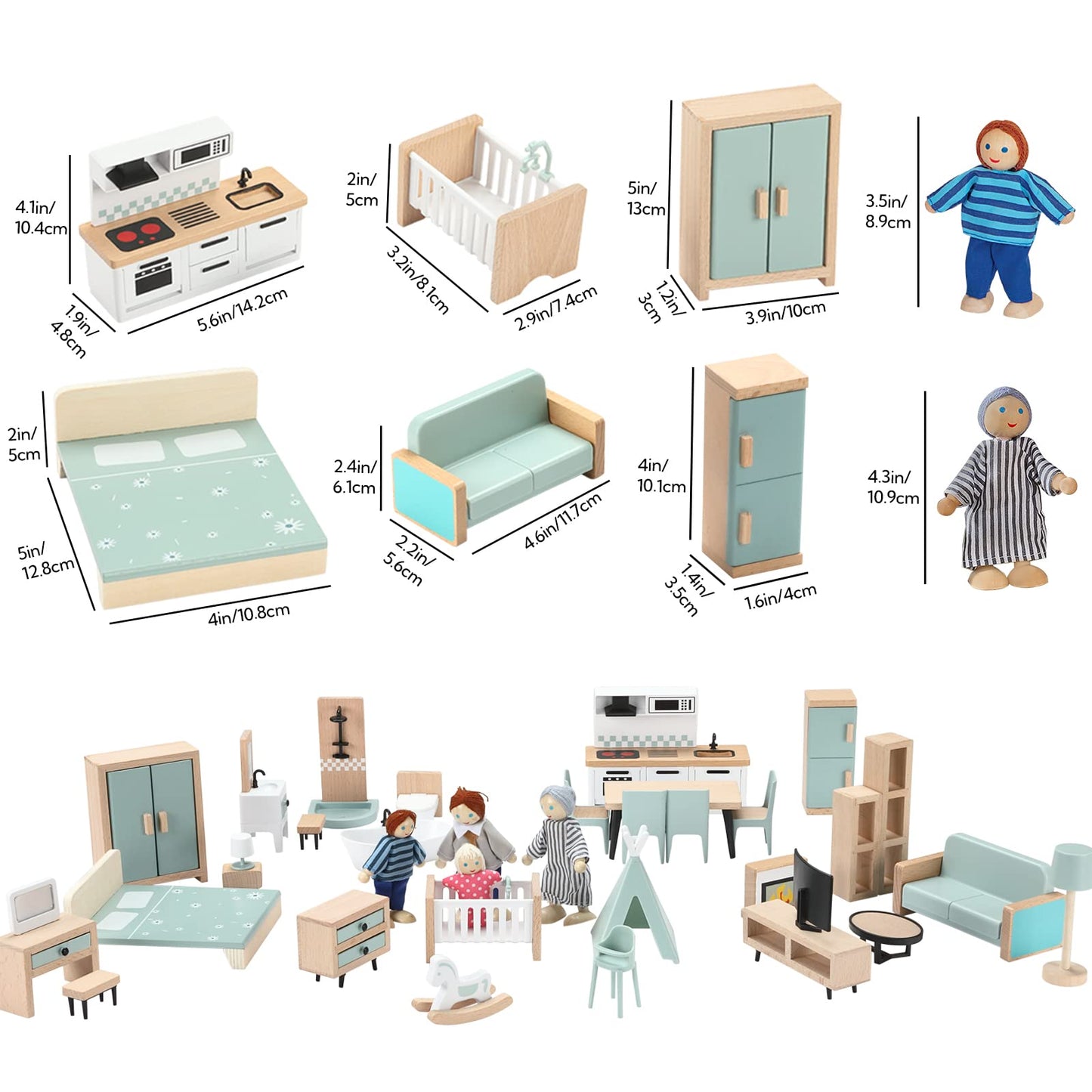 Giant bean 36pcs Wooden Plastic Dollhouse Furniture 5 Set with 4 Family Dolls, Blue Dollhouse Accessories Pretend Play Furniture Toys for Boys Girls & Toddlers 3Y+, Christmas Birthday Gift for Kids