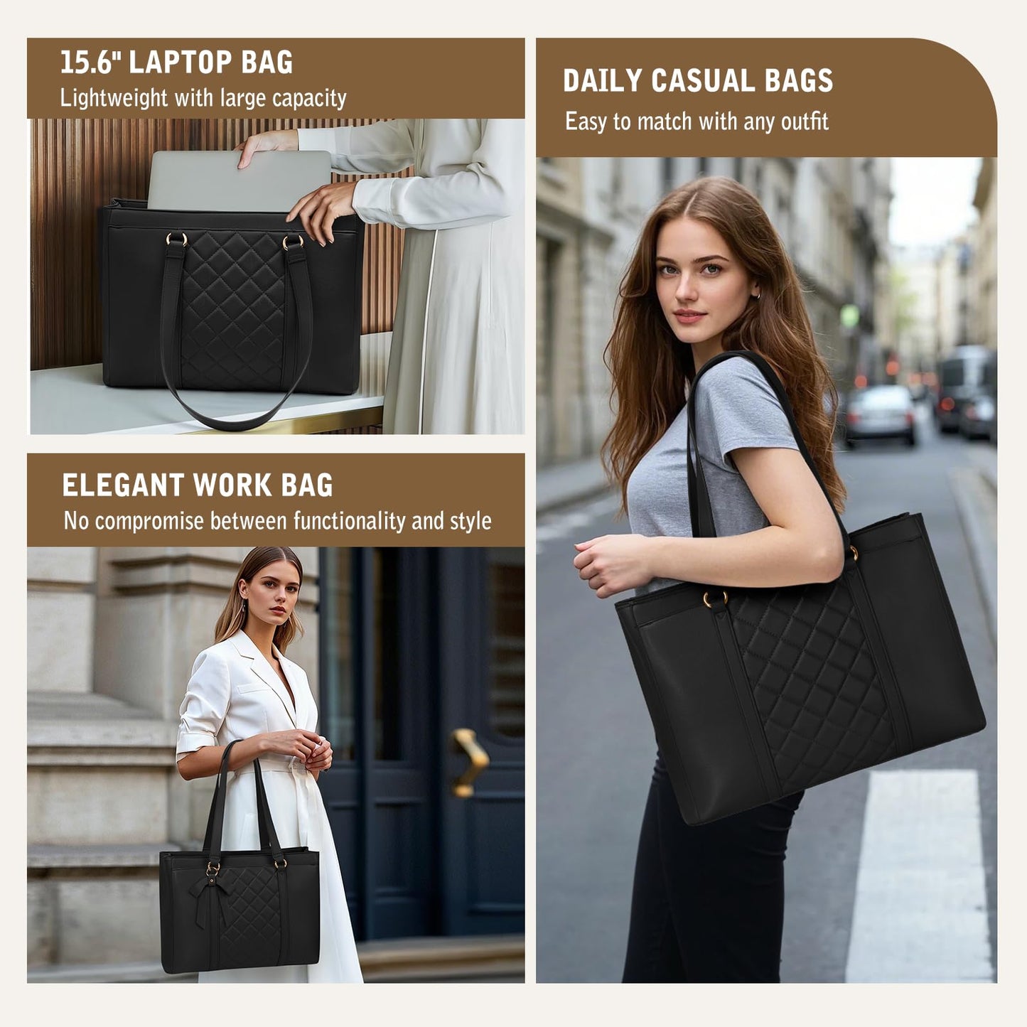 RAINSMORE Laptop Bags For Women 15.6 Inch Work Tote Bag Large Laptop Purse PU Leather Handbag Waterproof Office Computer Briefcase with Zipper for Business Travel, Black