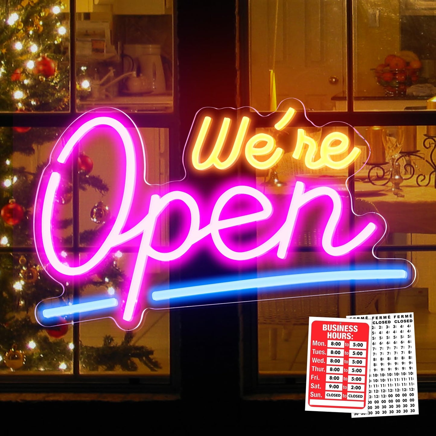 Liomus Neon Open Signs for Business, We Are OPEN Bright Neon Light Up Sign for Window Party Store Shop Bars With Business Hours Sign,16.5”x11.8” with ON/OFF Switch