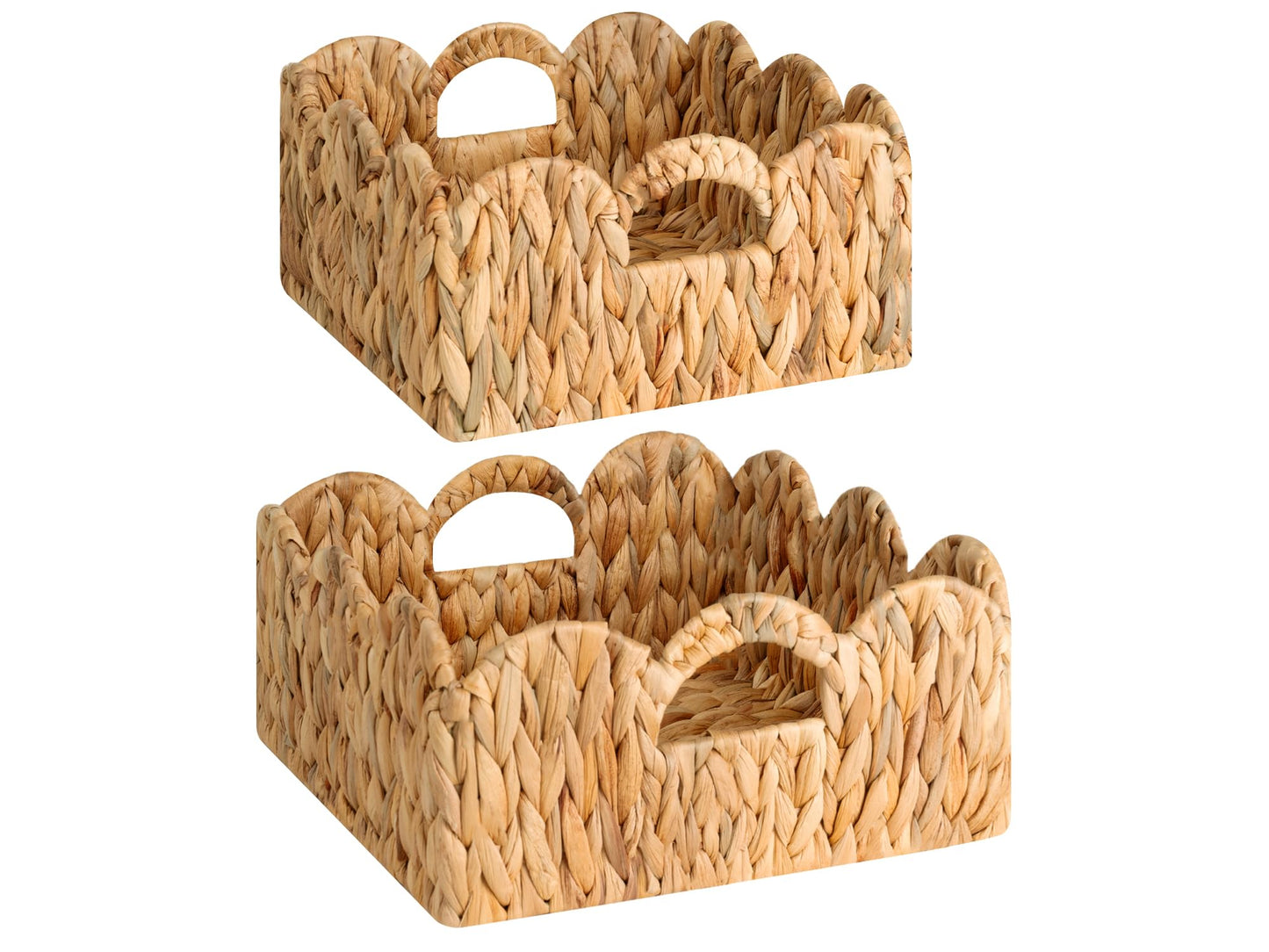 StorageWorks Scalloped Wicker Basket, Hand-woven Rattan Baskets with Built-in Handles, Water Hyacinth Basket for Organizing and Decor, 2 Pack