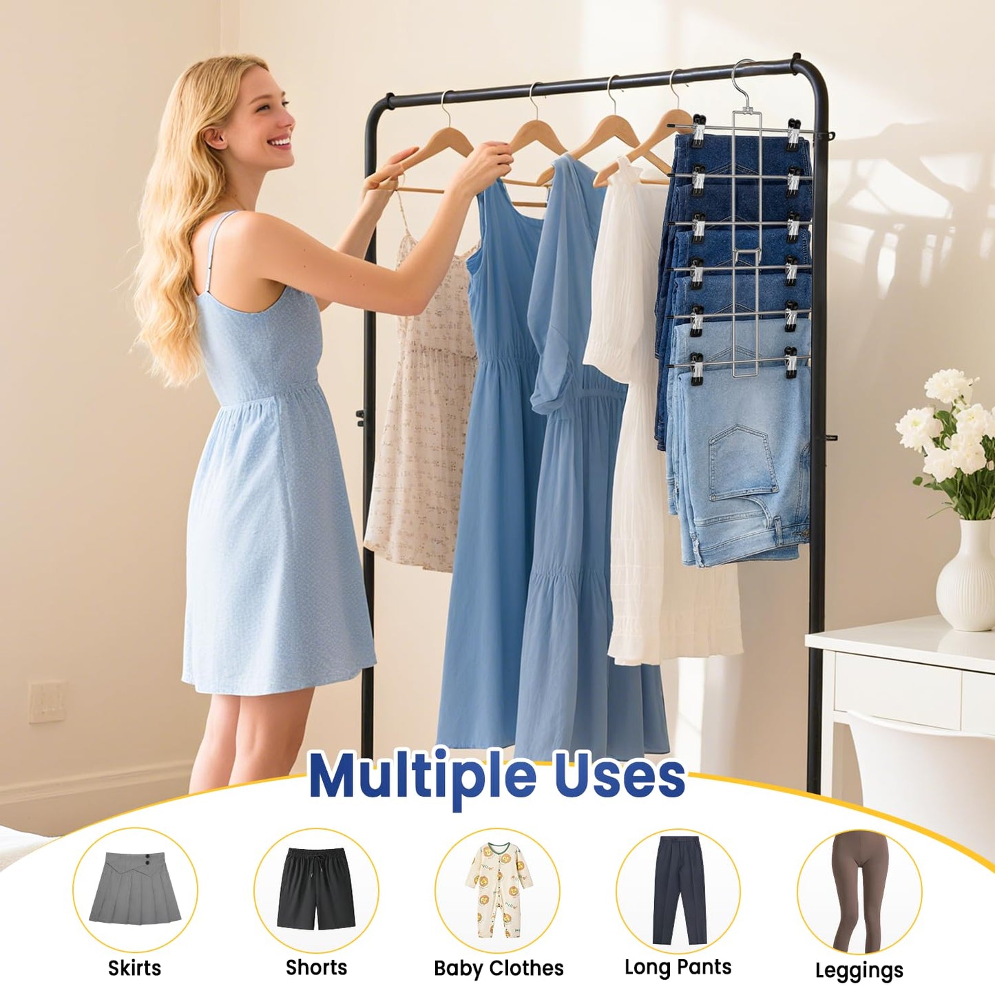 DAMITA Skirt Pants Hangers with Clips Space Saving Hanging Closet Organizer 6 Tiers Hanger with 360° Swivel Hook, Finger-Safe Design- College Dorm Room Apartment Essentials 4-Pack
