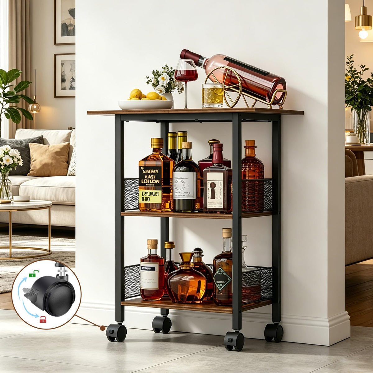 NEYCIL Freestanding Bar for Whiskey, 3-Tier Bar Cabinets Mini Bar Wine Table Whiskey Liquor Bottle Display Stand, Corner Cabinet for Kitchen, Dining Room, Living Room, Black