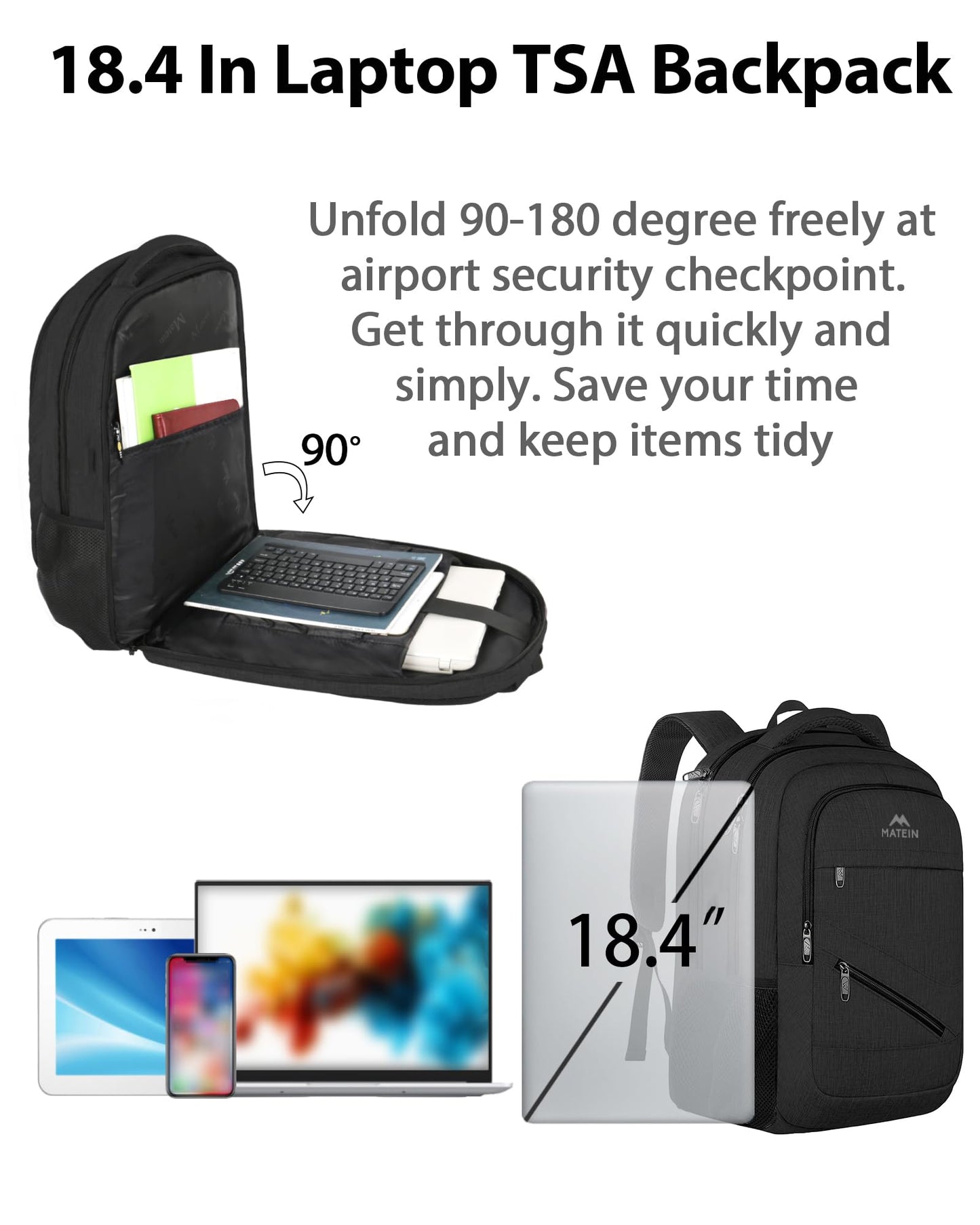 MATEIN Extra Large Business Travel Anti Theft Laptop Backpack, 18 Inch TSA Airline Approved Carryon Backpack for Women Men, Work Bag with Luggage Strap, Black