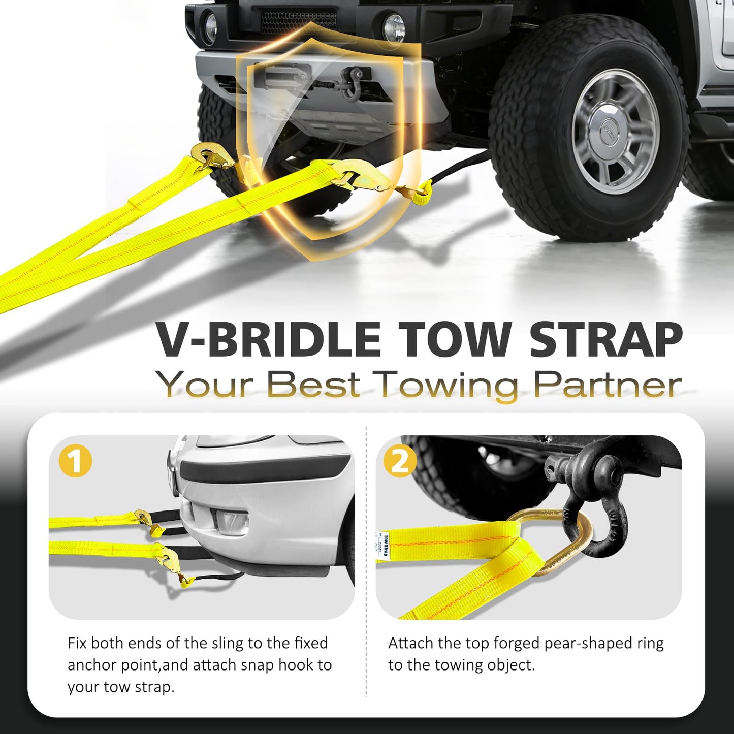 SENKEYFE Axle V-Bridle Tow Strap, 2" x 6' Axle Tie Down Straps 4700LBS, with Snap Hooks Cordura Sleeve and Axle Straps, D Ring Middle, ATV Car Truck Recovery Tow Trailer Strap