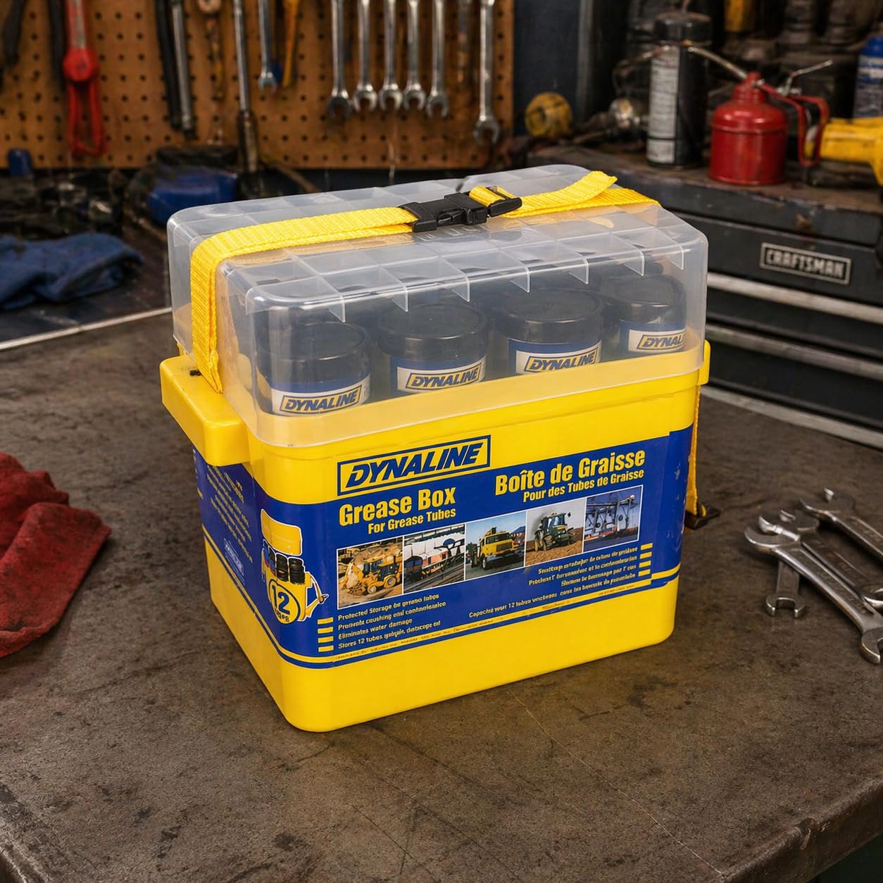 Dynaline Grease Box | Secure Storage for 12 Grease Tubes | Snap-Top Lid, Grip Handles & Carry Strap