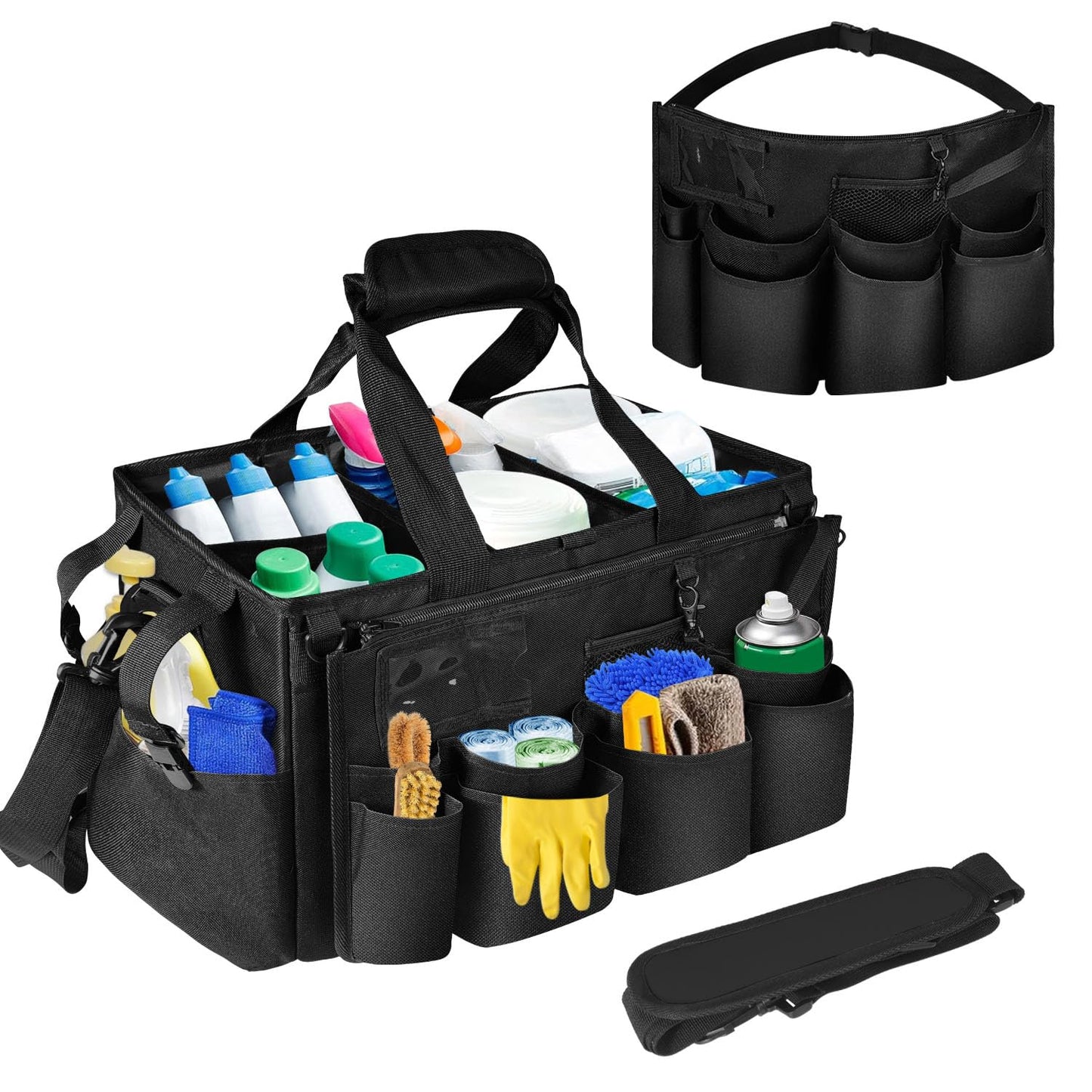 Boczif Cleaning Caddy Bag Wearable, Supplies Organizer with Handle, Shoulder Straps & Detachable Divide, Tool Organizers Tote for Cleaners & Housekeepers (Black)