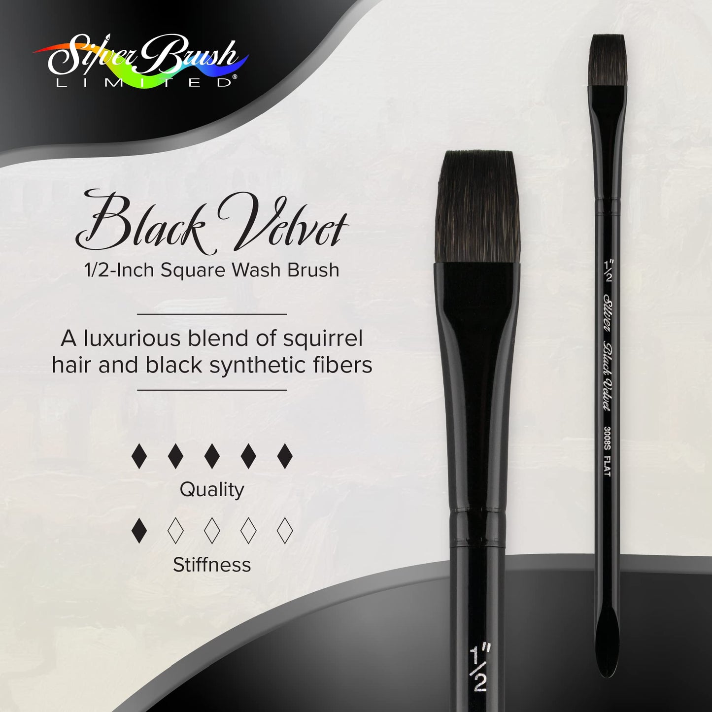 Silver Brush 3008S-012 Black Velvet Short Handle Blend Squirrel and Risslon Brush, Square Wash, 1/2-Inch