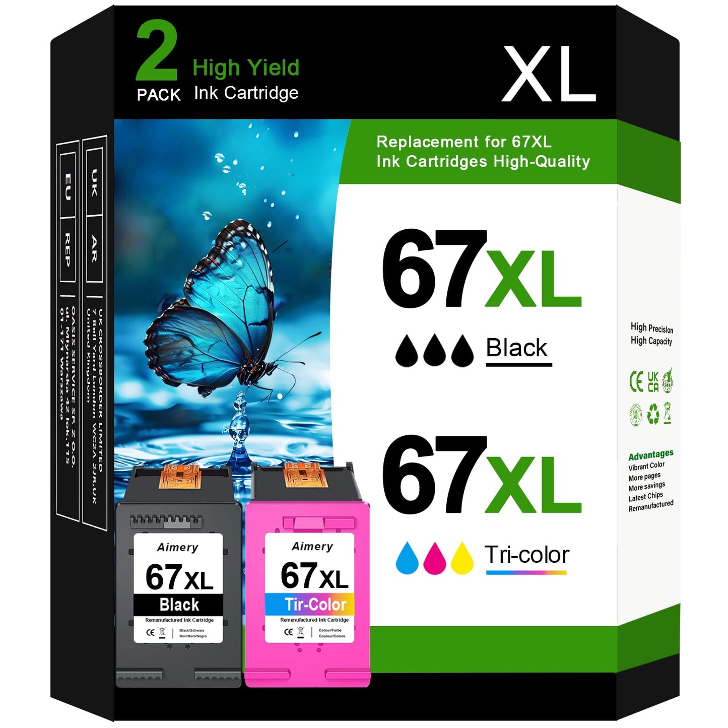 67XL Ink Cartridges Compatible for HP 67 Ink Cartridges Work with DeskJet 2855e 2755e 2800e 4155e 2720 Series Envy 6000 6455e 6055e Printers, Black and Tri-Color, 2 Pack
