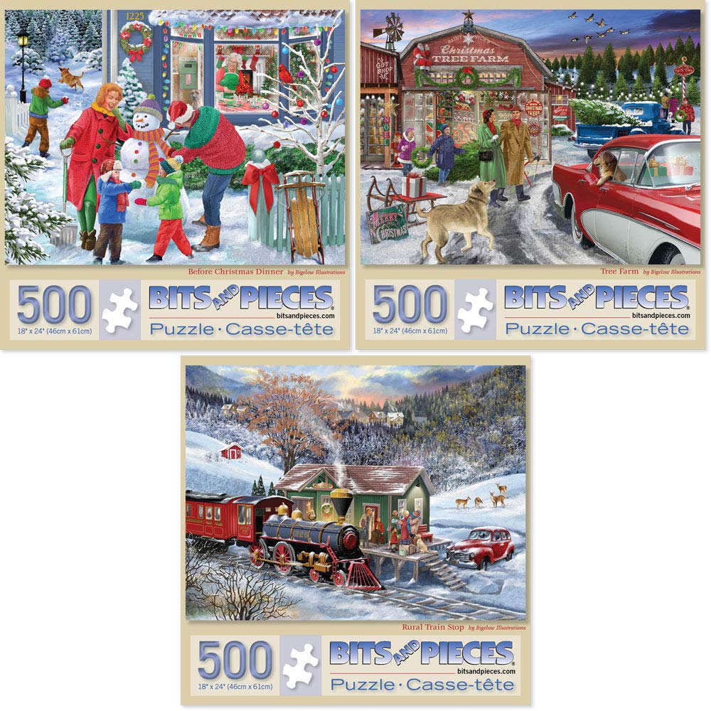 Bits and Pieces - Value Set of Three (3) 500 Piece Jigsaw Puzzles for Adults - Each Puzzle Measures 16" x 20" - Home for The Holidays Jigsaws by Artist Bigelow Illustrations
