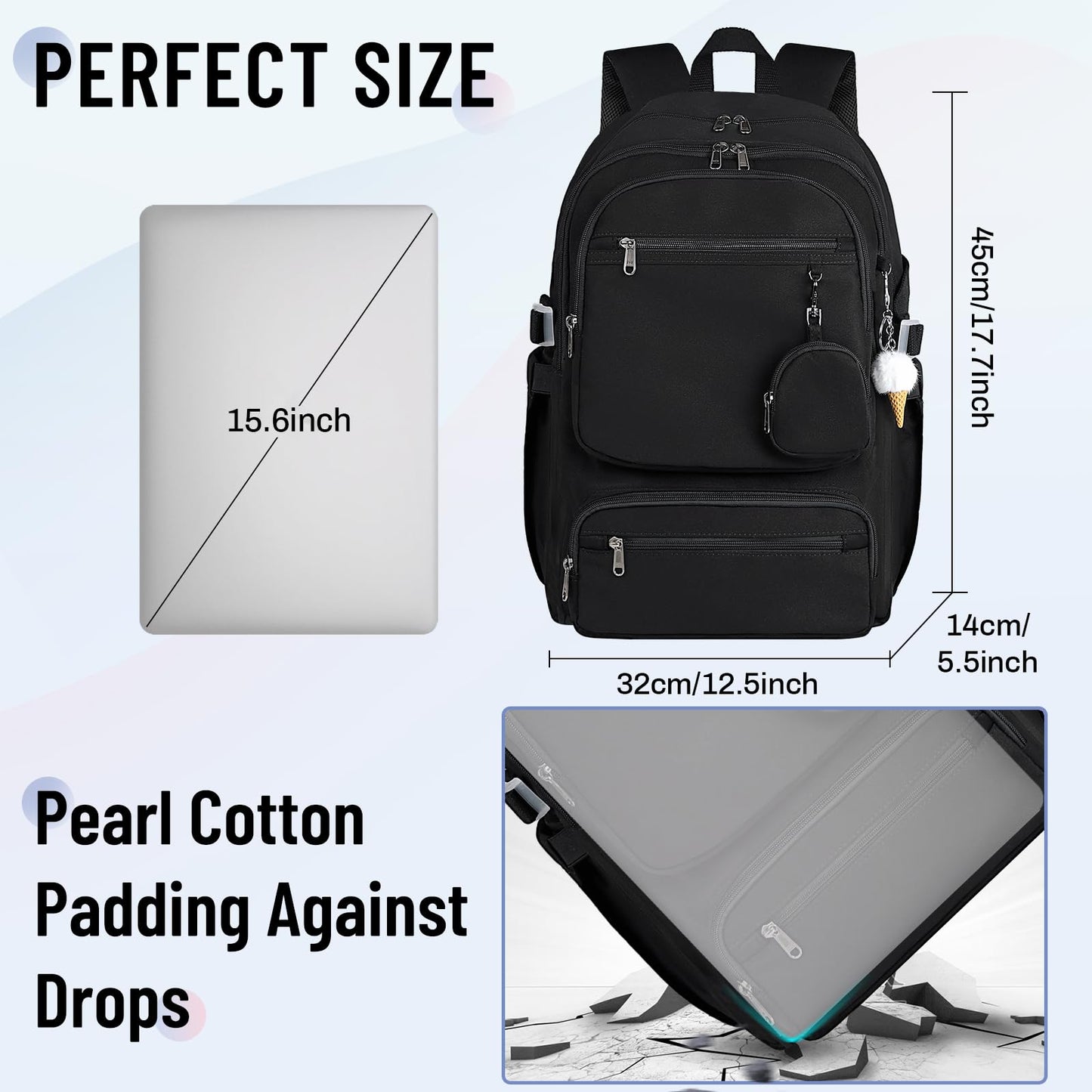 RAINSMORE Lightweight School Backpack for Women Travel Casual Daypack Rucksack Bookbag for Teen Girls Laptop Backpacks 15.6 inch for College High School, Black