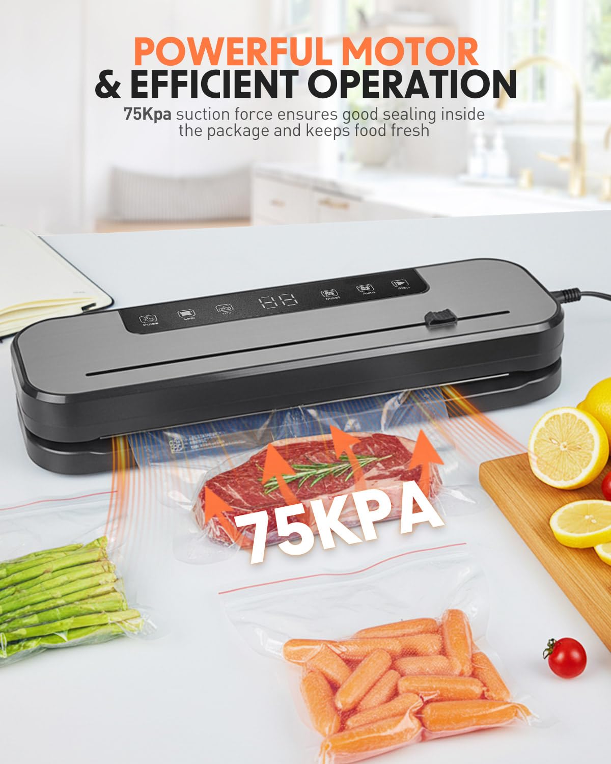 Vacuum Sealer Machine 75kPa Powerful Suction, 6-in-1 Food Vacuum Sealer with Built-in Cutter, Dry & Moist Modes, Stainless Steel Compact Design, Sous Vide Compatible, Includes 50 Vacuum Bags