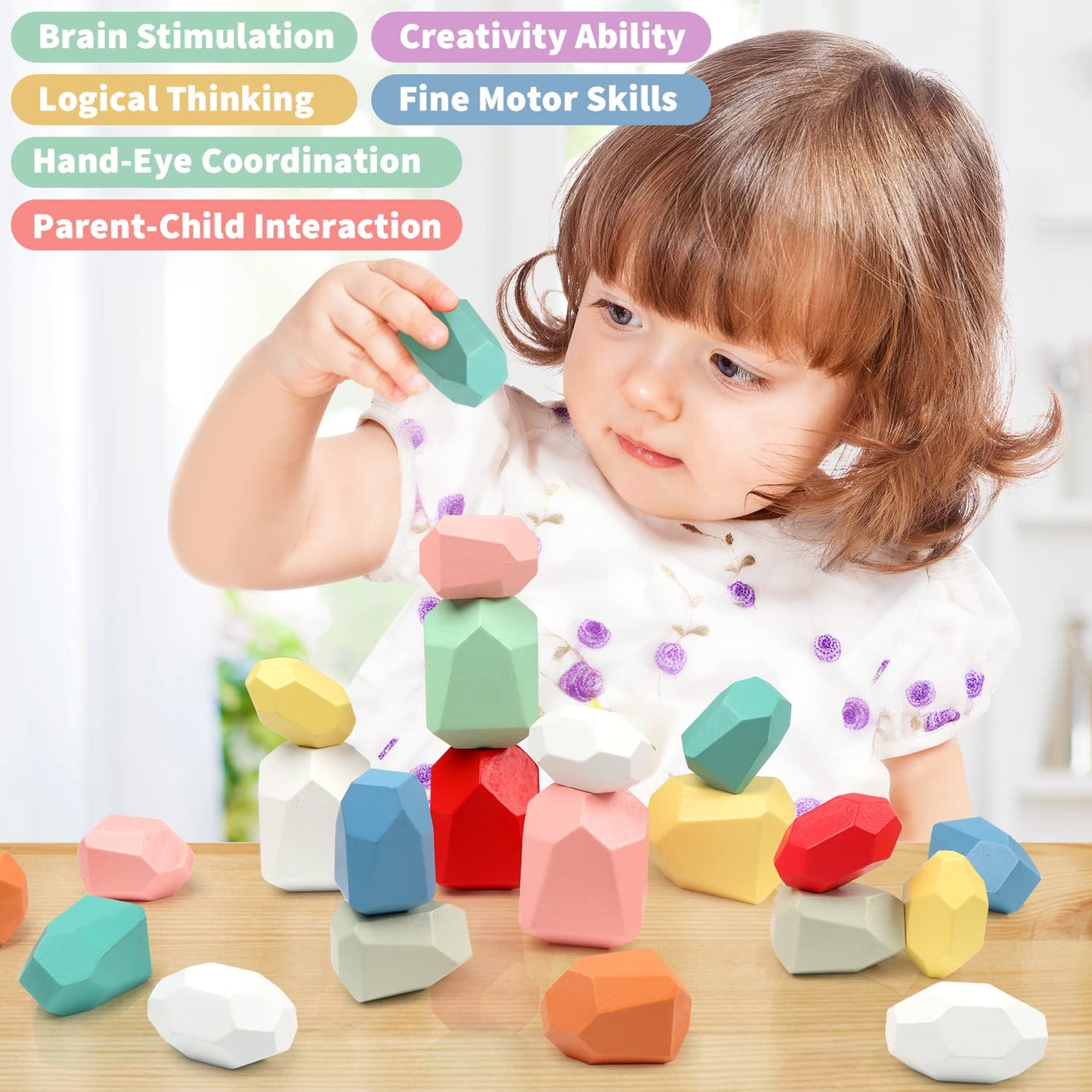 FUNNYB&G 36 PCS Stacking Rocks Montessori Toys for 3+ Year Old Girls Boys Wooden Building Blocks Balancing Stones for Kids Preschool Educational Sensory Toys for Toddlers Easter Birthday Gifts