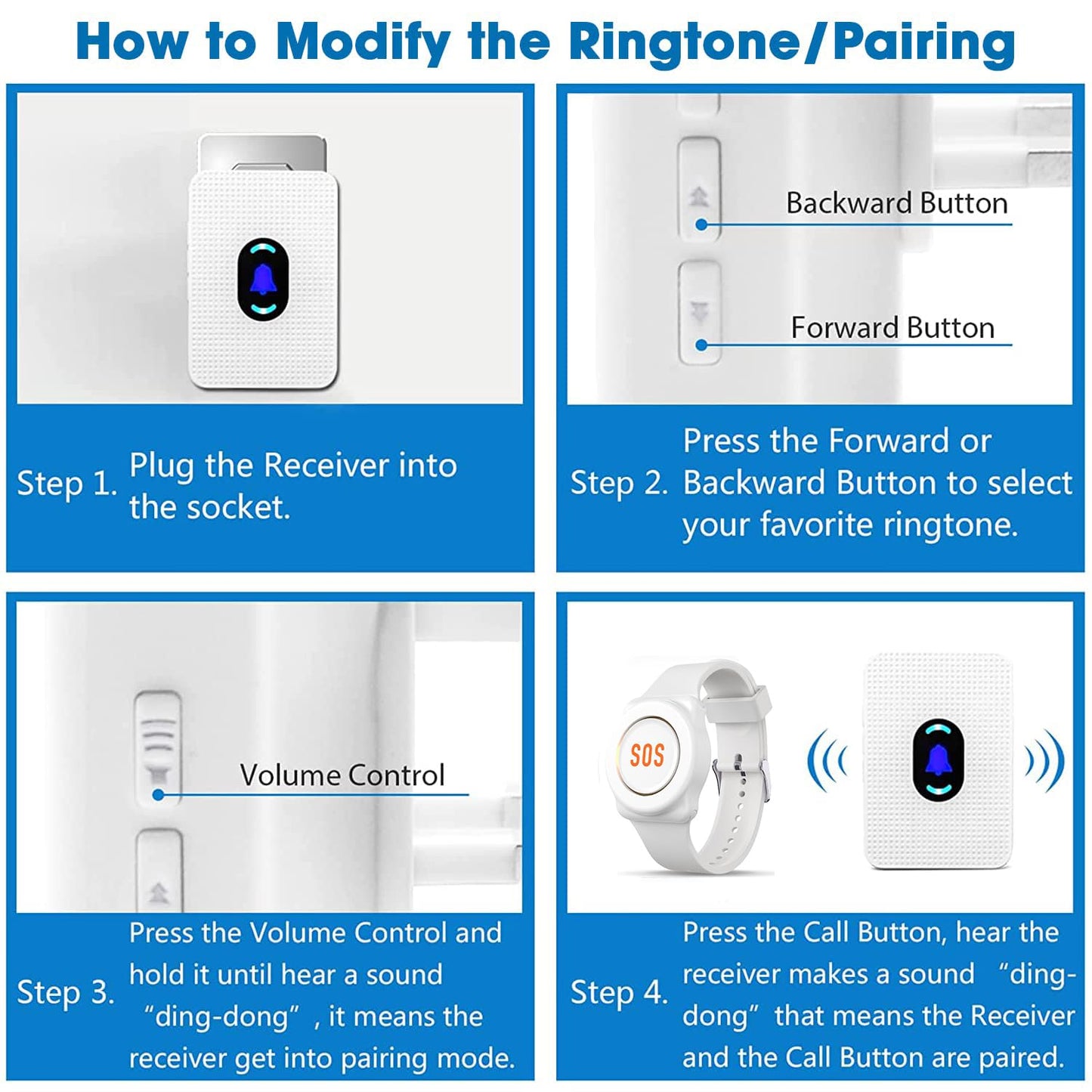 Daytech Caregiver Pager Call Button for Elderly Caregiver Paging System Home Alert Pager for Seniors Patient Nurse Medical Help Button 2 Receiver & 3 Panic Emergency Button