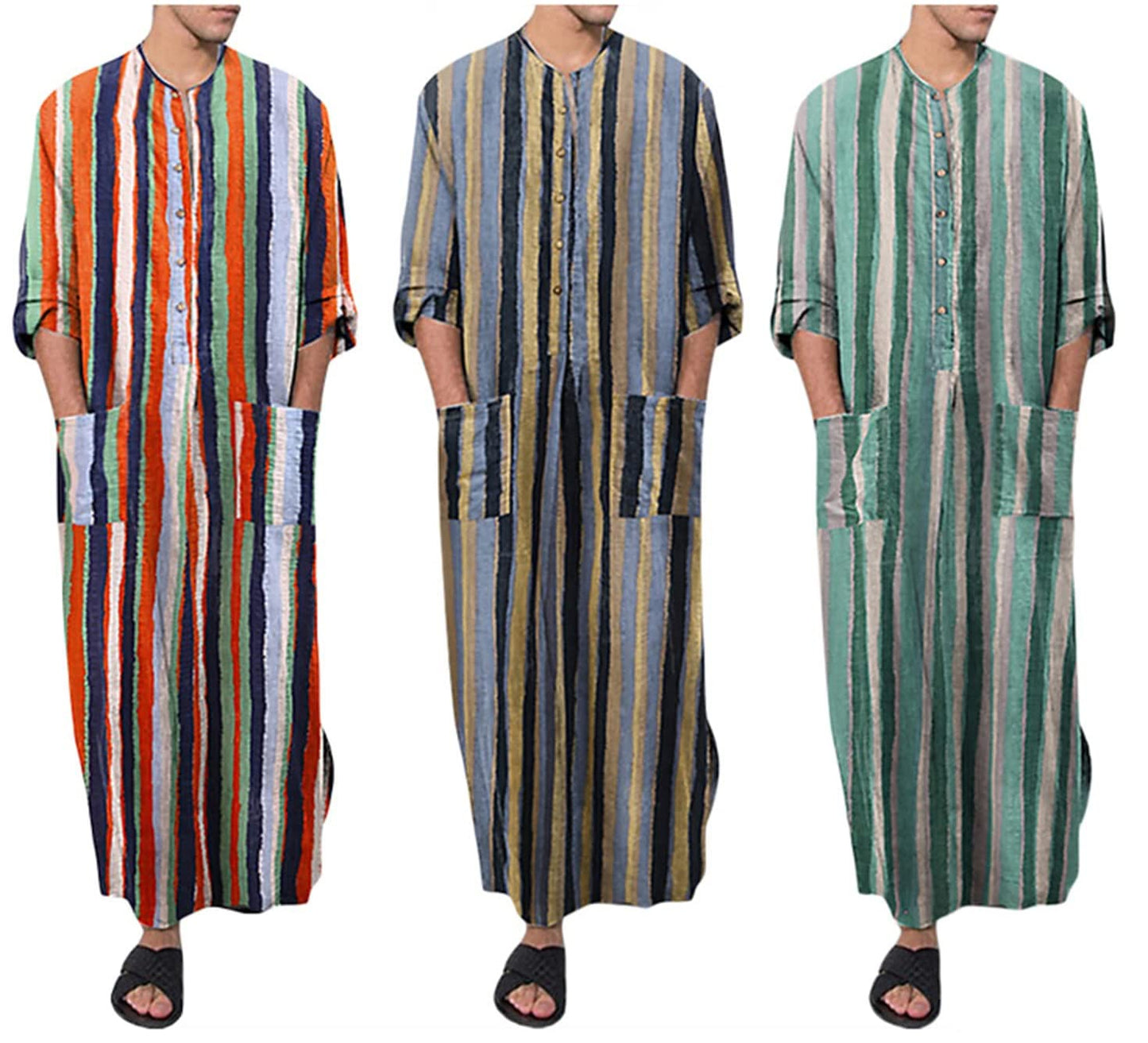 Hotmiss Men's Striped Robe Button Up Long Sleeve Kaftan Thobe Splits Long Gown Casual Shirt, Black, Large