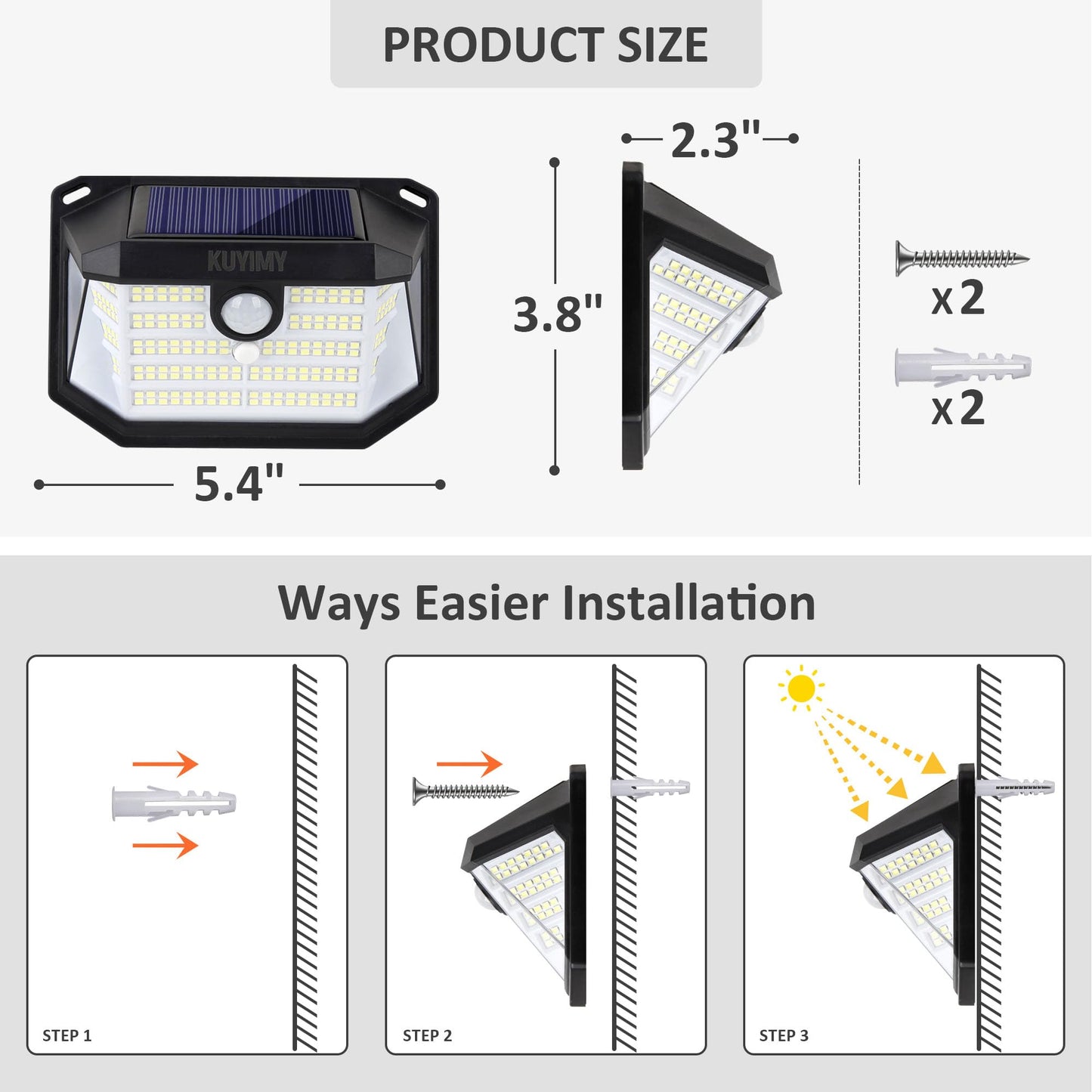 KUYIMY Solar Outdoor Lights, 230 LED with Motion Sensor and 3 Modes, IP65 Waterproof, 270° Wide Angle Light, Easy-to-Install Intelligent Security Wireless Wall Lights for Patio, Front Door(6 Pack)