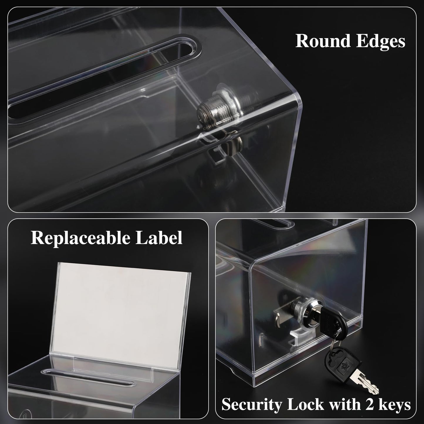 VOISEN Clear Donation Box with Lock,2 Pack Ballot Box with Sign Holder, 6.2x4.6x3.9 Inch