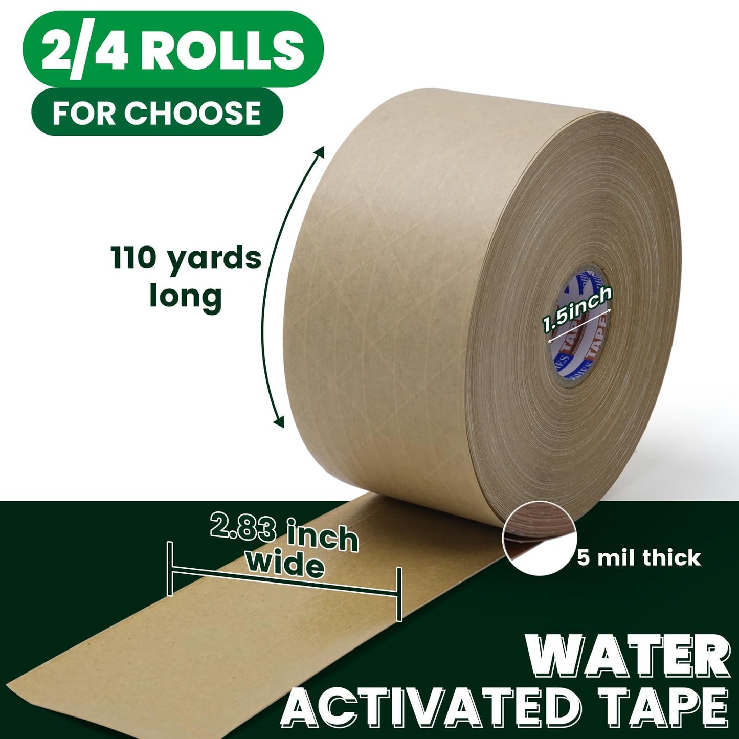 ADHES Water Activated Tape 2.83" x 110yds x 2 Rolls, Reinforced Kraft Gummed Paper Tape, Eco-Friendly, Strong Adhesive Shipping Tape for Packing, Shipping, Moving