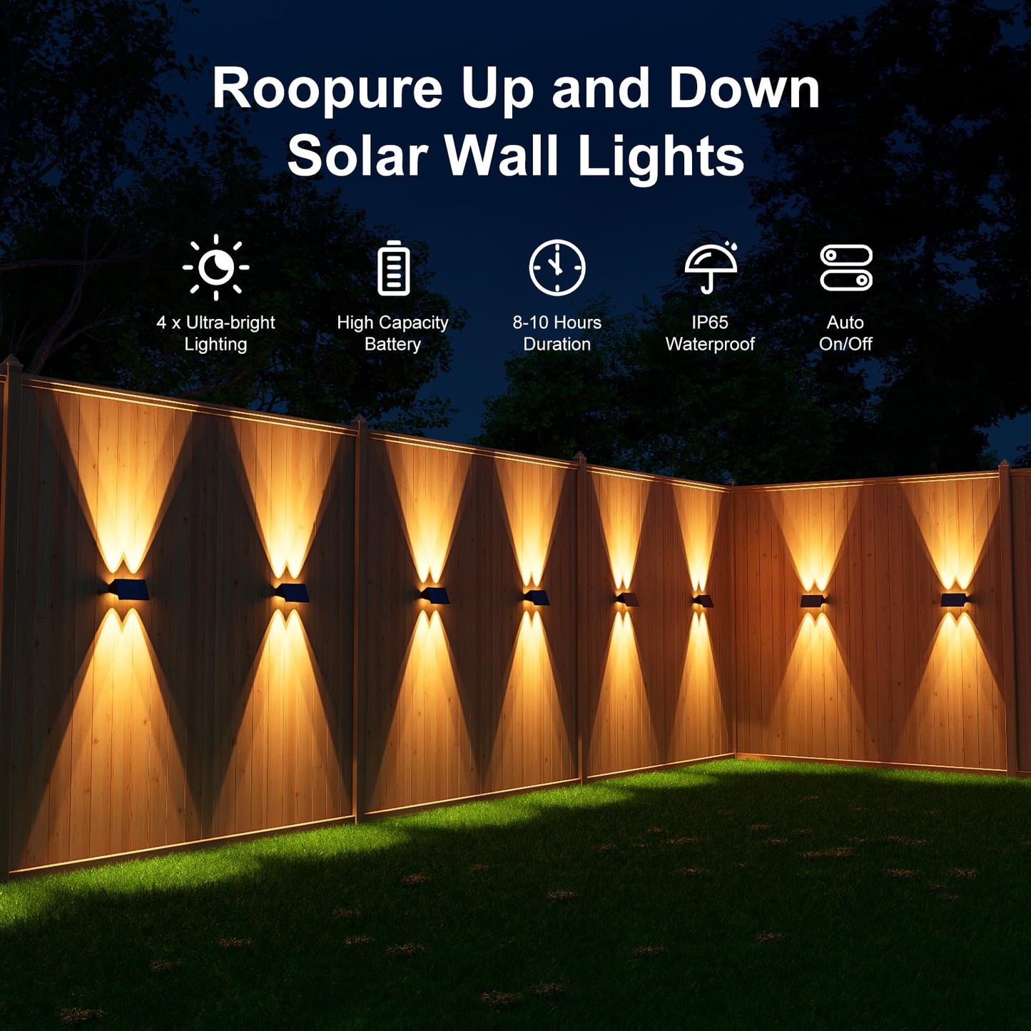 4 Pack Solar Powered Wall Lights for Outside Up and Down Fence Mount LED Outdoor Decorative Waterproof Lamps for Porch, Deck, Patio, Yard, Garden, 4 Lenses Designed for Accent Lighting (Warm White)
