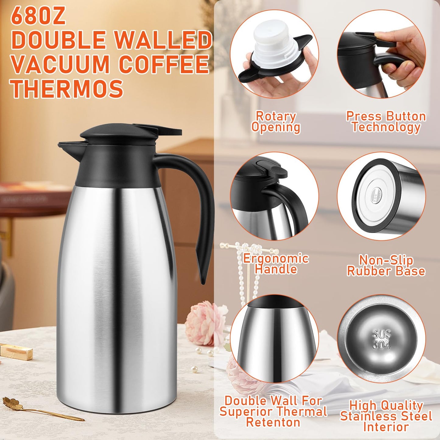 2 Pcs 68 oz Thermal Coffee Carafe Insulated Stainless Steel Coffee Carafe for Hot Liquids Vacuum Thermal Pot Creamer Carafe Dispenser with Brushes Keeping Hot 12 Hours (Silver)