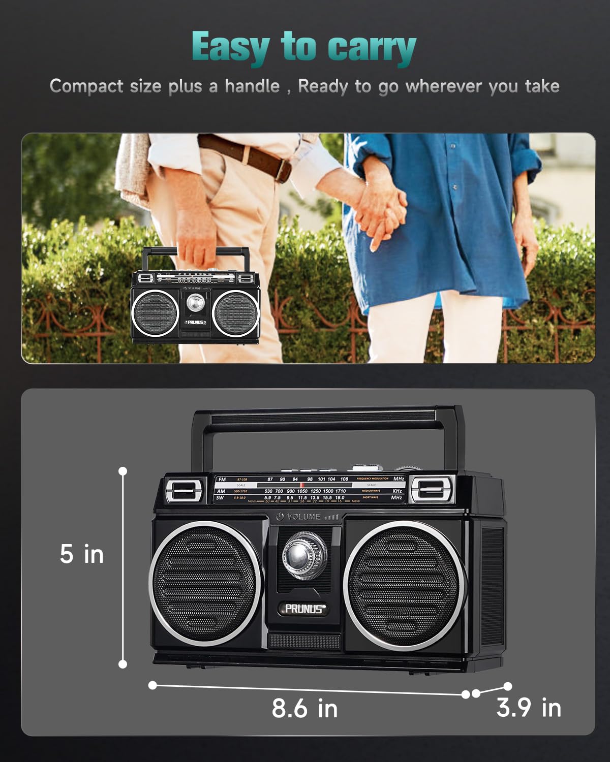 PRUNUS Radio AM FM, Portable Transistor Radio with Bluetooth Speaker, USB TF Card Playing, Solar/USB-C Rechargeable Radio, Double Speaker, Colorful Light