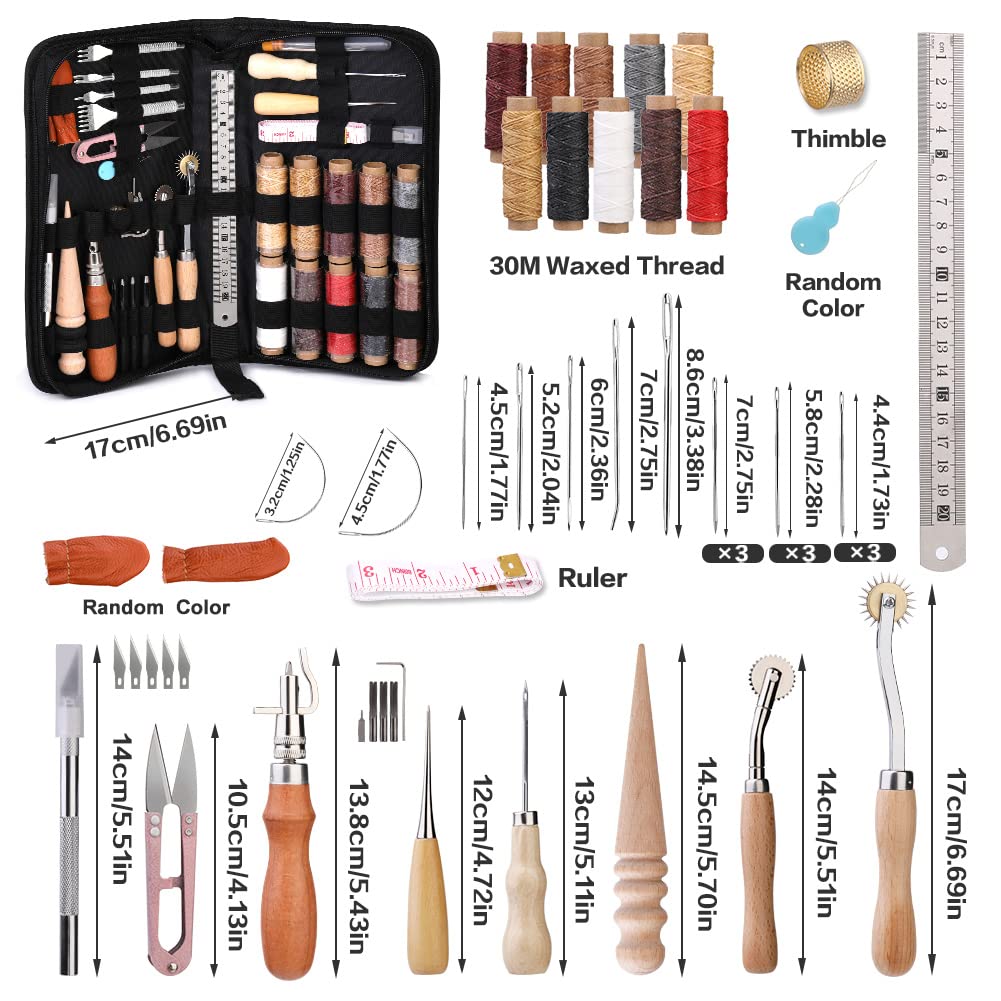 LUNARM Leather Working Tools, Leather Craft Tools and Supplies with Waxed Thread Punch Groover Awl Carving Knife Tracing Wheel for Beginners and Professionals Leather Tooling Kit for DIY Craft