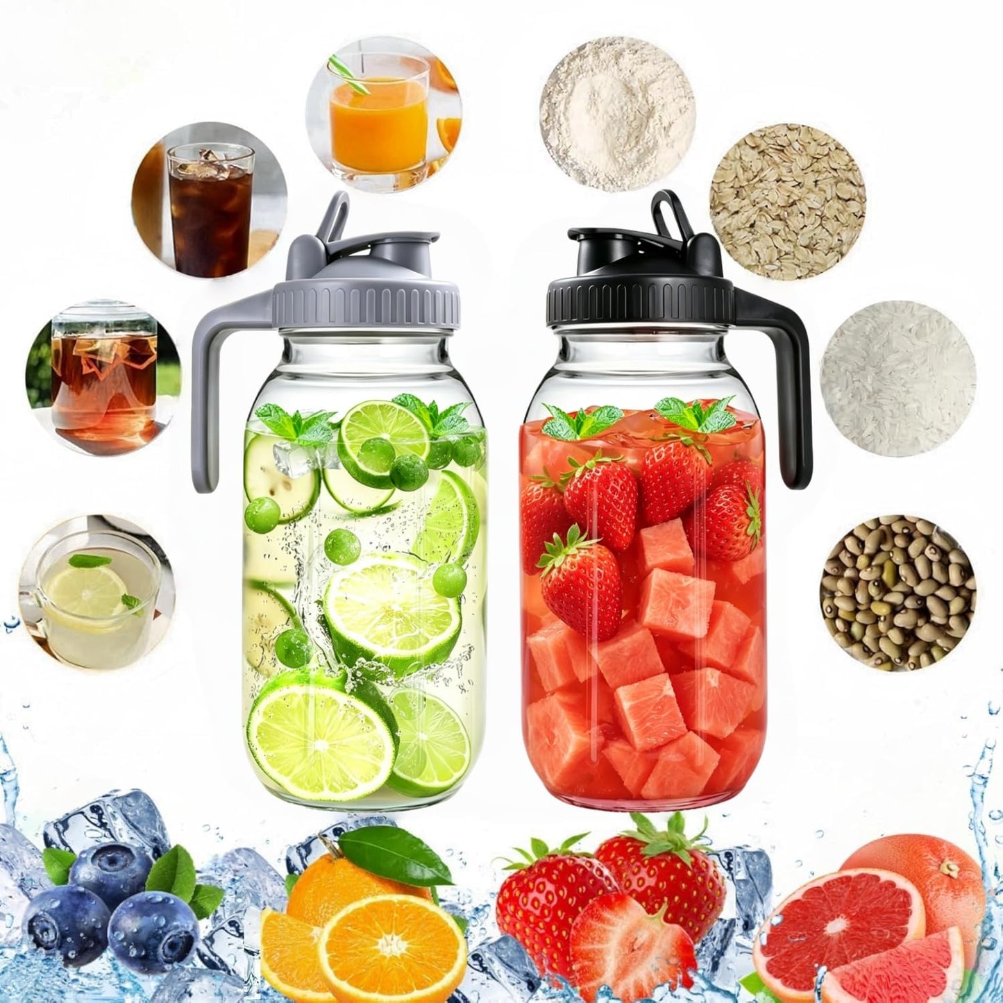 2 Pack 64 oz Glass Pitcher With Lid, Mason Jar Pitcher, Glass Sun Tea Jar for Ice Tea, 2 Quart Breast Milk Jug with Flip Cap Leak Proof, Cold Brew Coffee (2 PCS-64 oz)