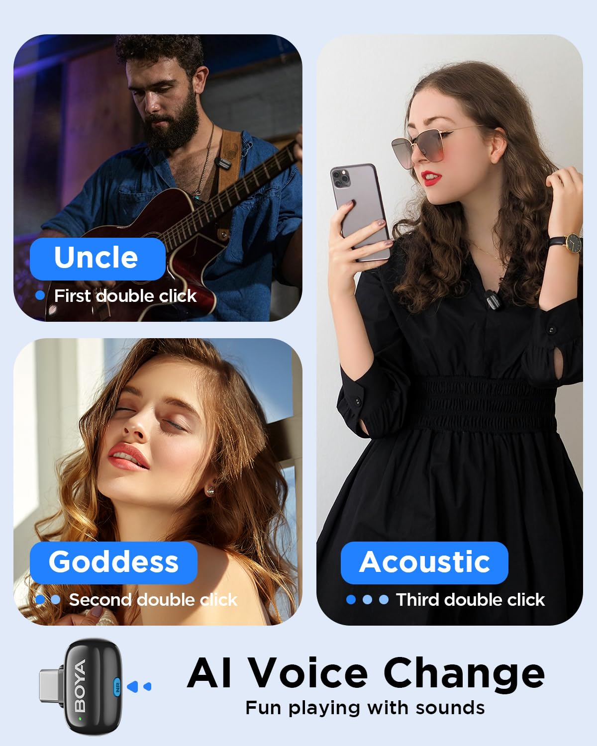 Boyamini Wireless Lavalier Microphone for Android iPhone, Ultra Mini USB C Microphone with AI Voice Change, Noise Reduction, Metal Clip on Mic Vlogging TikTok YouTube Content Creators