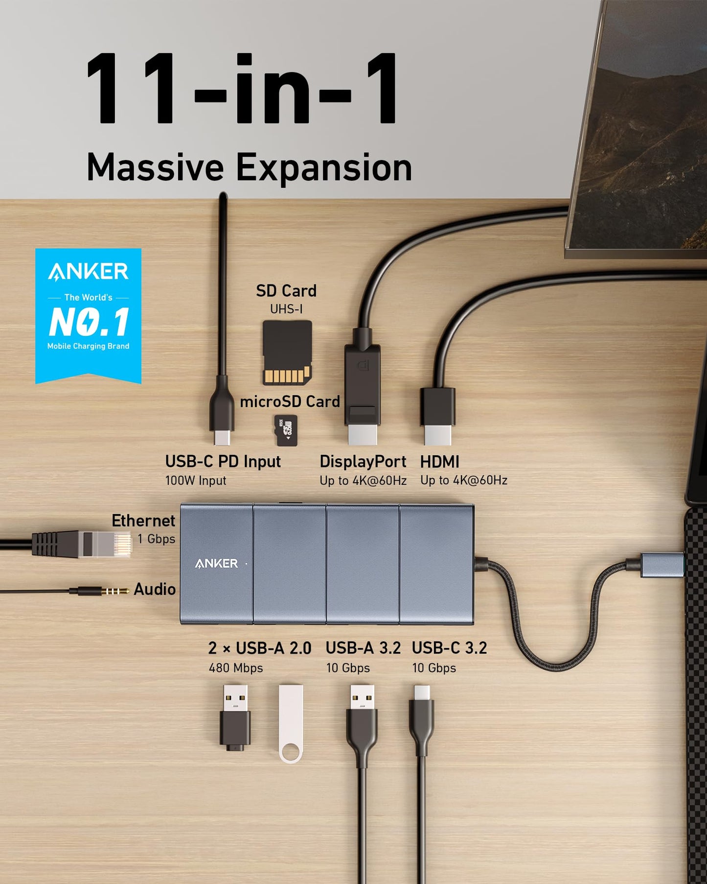 Anker USB C Hub, 11-in-1 Docking Station Dual Monitor, 10 Gbps USB-C and USB-A Data Ports, 4K HDMI and DisplayPort, 85W Power Delivery, 2 Data Ports, Ethernet, for XPS