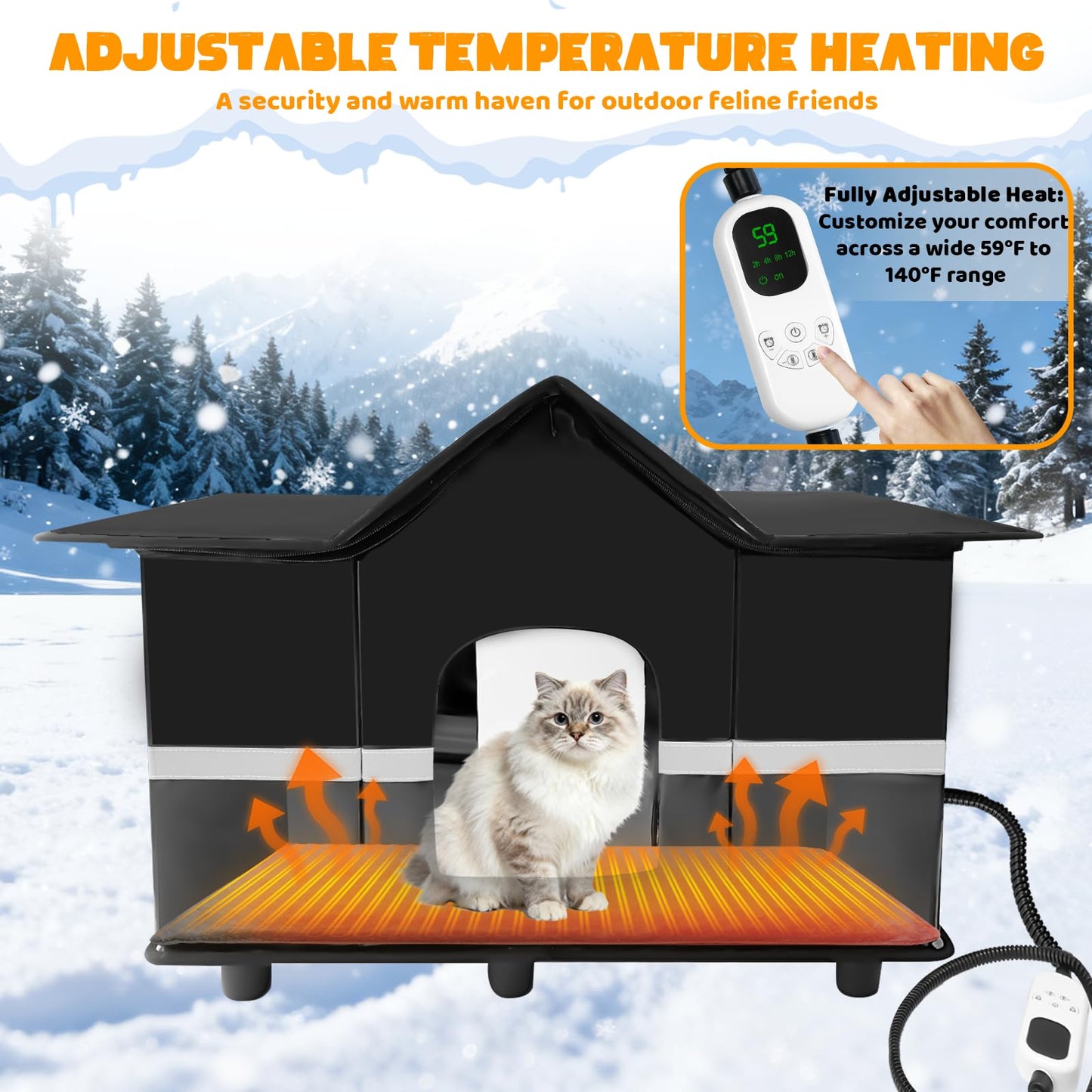 Homegroove Heated Outdoor Cat House, Large Weatherproof & Insulated Cat Houses for Outdoor Cats with Heating Pad, Roof Window & Elevated Base – Feral Cat Shelter for Stray & Feral Cats (Black)