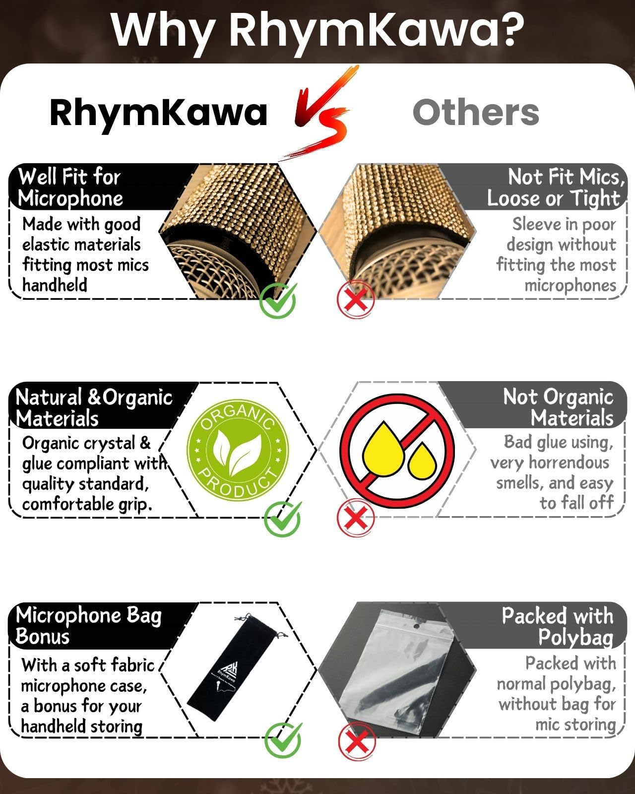 RhymKawa Bedazzled Rhinestones Wireless Microphone Cover Bling for Universal Cordless Mic Beta 58a SM58 Beta87 PG58 Handle Replacement, Eyes Catching for Event Party, Champagne Gold