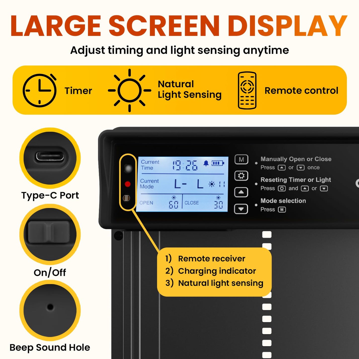 Okkobi Automatic Chicken Coop Door Solar Powered - LCD Display - Chicken Coop Door with Remote Control, Light Sensor & Timer - Security & Peace of Mind: Anti-Pinch function - 5-Year Protection - Black