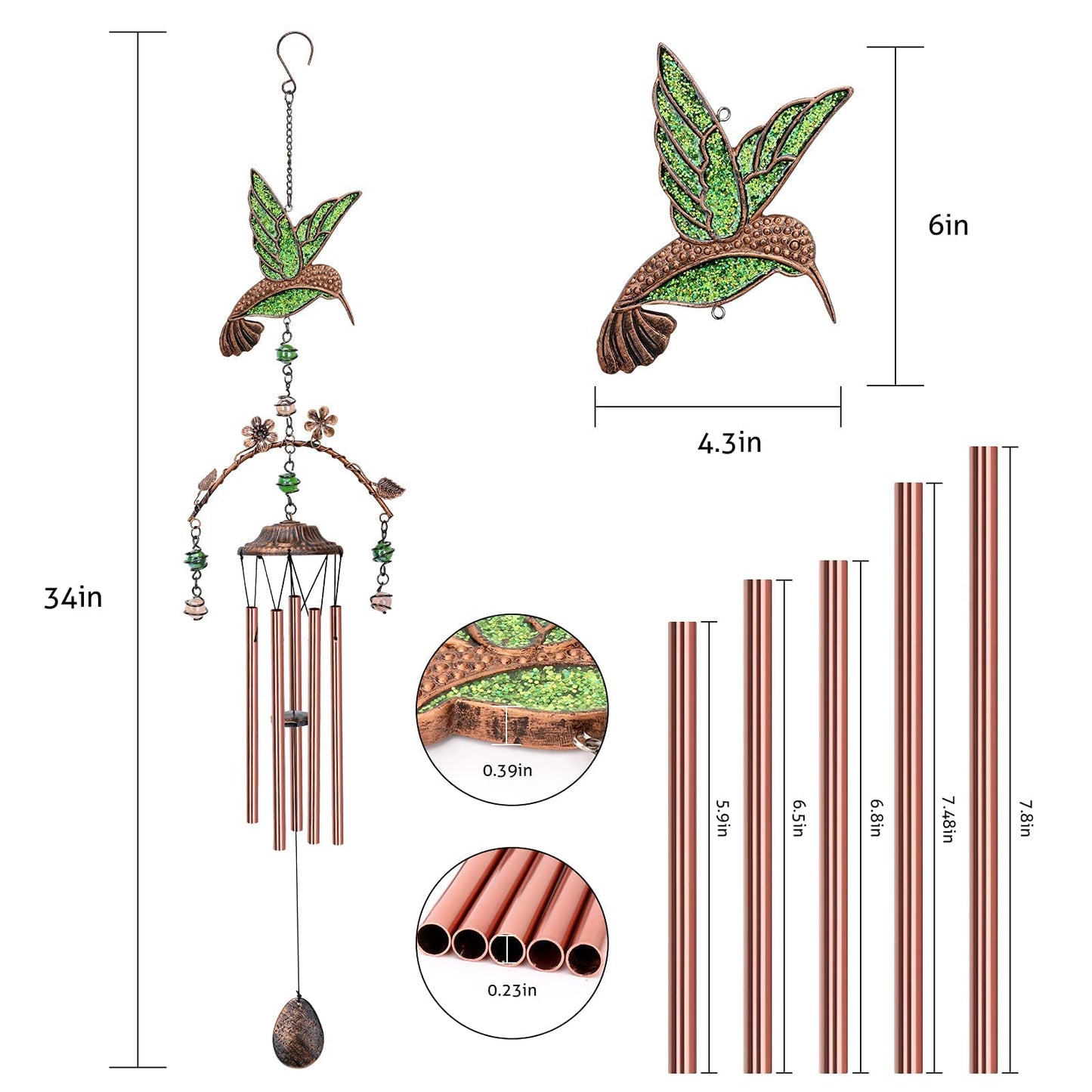 Wind Chimes - Hummingbird Wind Chimes for Outside Deep Tone 34 inches 5 Aluminum Tubes, Birthday, Memorial, Hummingbird Gifts for Mom, Grandma, Decorations for Home, Garden, Patio, Backyard