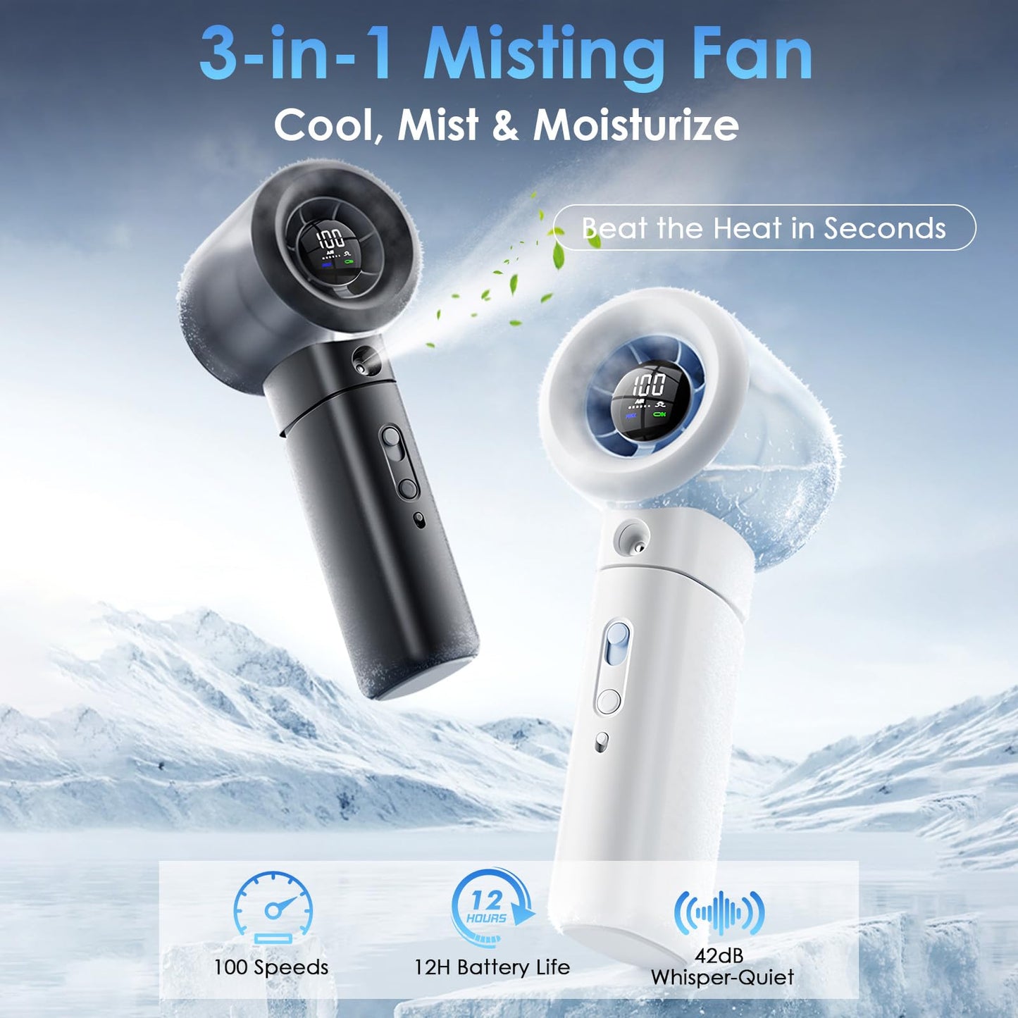 Karcusiny Portable Misting Fan Handheld Powerful Turbo Fan, 100 Speeds, 6000mAh Rechargeable Battery, LED Display, Spray Mist Personal Mini Fan for Travel, Beach, Outdoor Camping (Matte White)