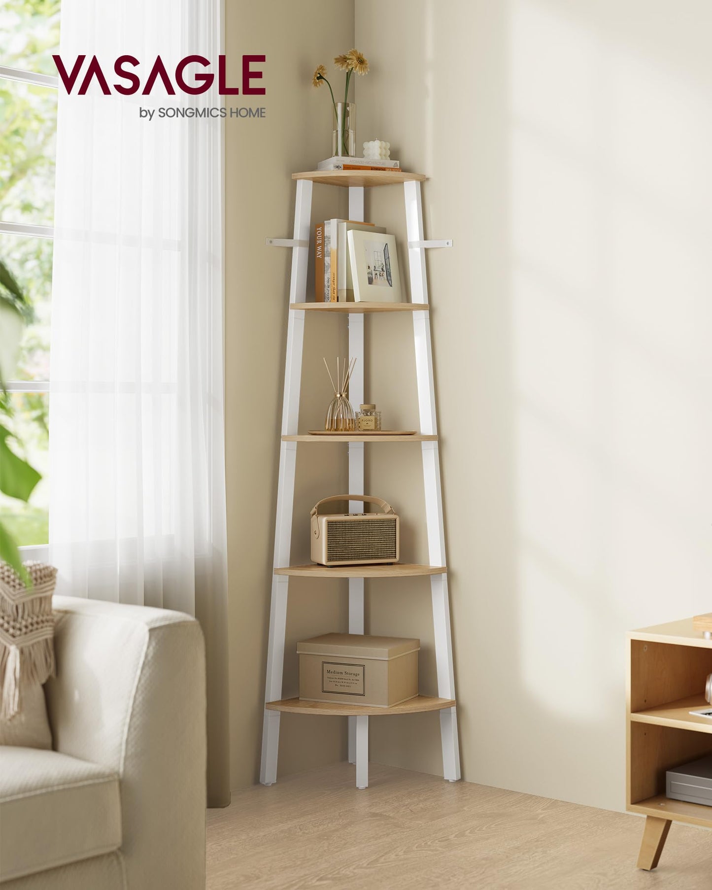 VASAGLE Corner Shelf Stand, 5-Tier Corner Bookshelf, Industrial Ladder Shelf, Plant Stand for Living Room, Office, Kitchen, Natural Oak and Matte White ULLS035Y01