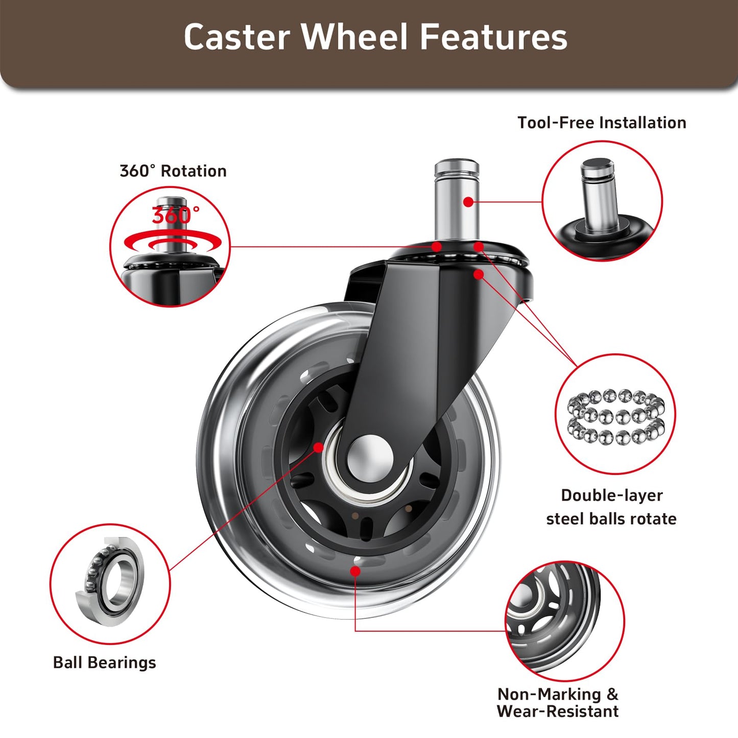 ASHGOOB Office Chair Wheels, Set of 10 Caster Wheels Office Accessories, 3 Inch Heavy Duty Casters for Chairs to Replace Office Chair Mats, Smooth & Quiet Universal Fit for Most Chairs(10 Pack)