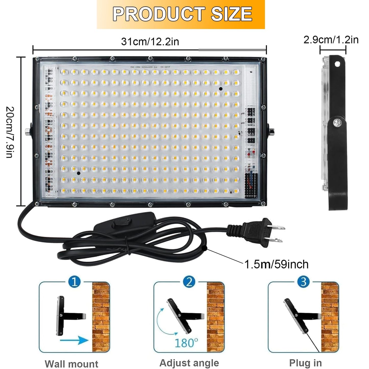LED Flood Lights Outdoor, 150W 15000lm Waterproof Outdoor Floodlights, Plug in Flood Light, 3000K Warm White Exterior Flood Light, LED Work Light for Yard, Garden, Lawn, Backyard