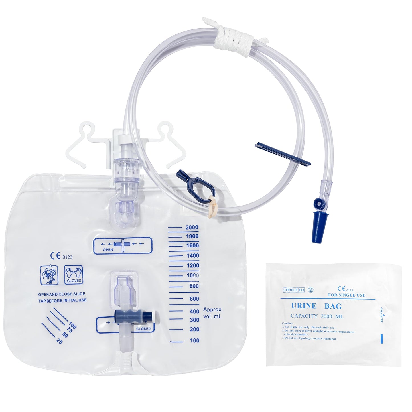 BeHerk 2000mL Catheter Bags for Men and Women 10 Pack Professional Urinary Drainage Bags with Enhanced Anti-Reflux Drip Chamber, 48” Thickened Drainage Tube, Adjustable Clips & Hanging Hook