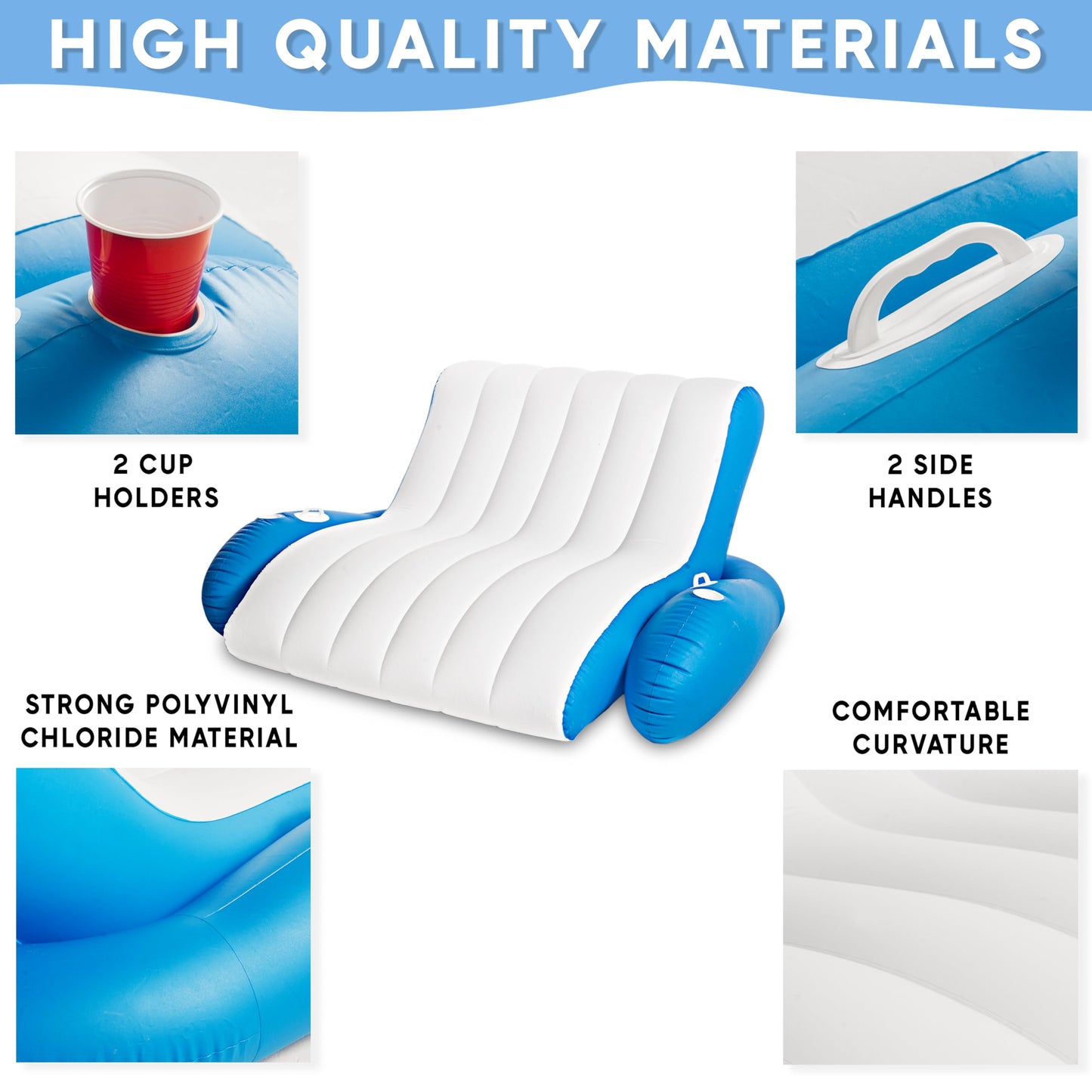 Zone Tech Inflatable Pool Recliner Luxury Float - High & Dry Duo, Cup Holders & Handles, Heavy-Duty Lounge for Swimming-Pool, Lake and River Raft, Beach Chair-Perfect Lounger Gift for Adults