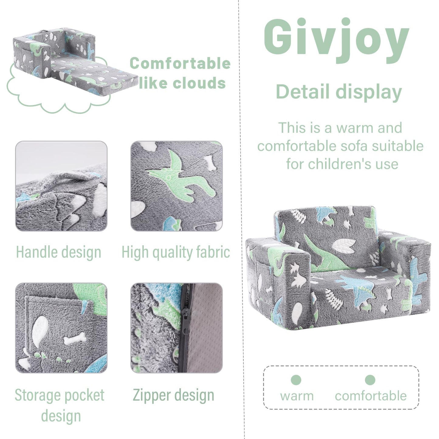 Givjoy Toddler Chair Kids Couch, 2-in-1 Comfy Armchair with Removable and Washable Cover Carrying Handle, Convertible Reading Chair Toddler Couch for Girls and Boys