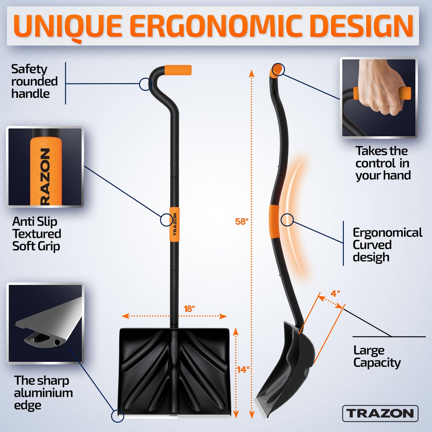 Snow Shovel Heavy Duty for Driveway with Ergonomic Handle to Use Without Backpain for Home Garage Car - Snow Shovel with 18 Inch Blade Large Capacity and 150 Inch Long Ergonomic Handle (Black)