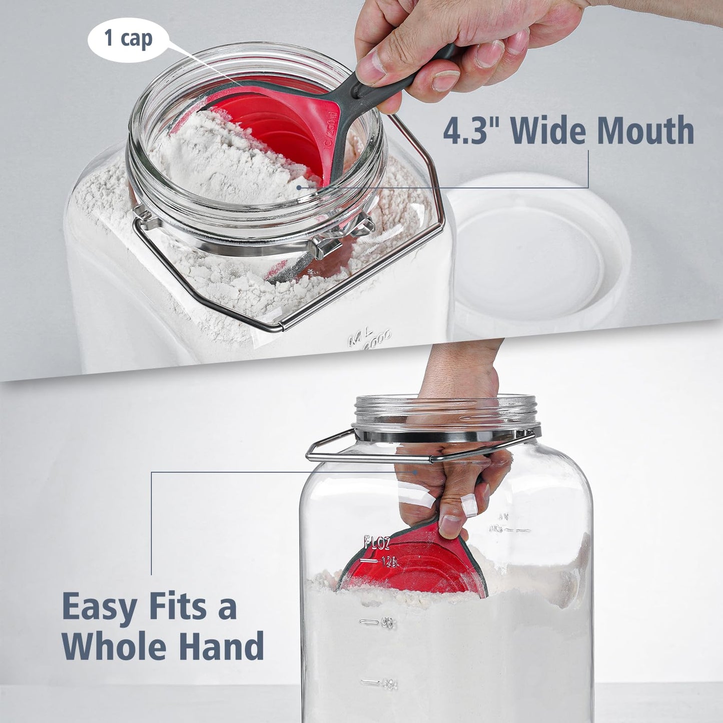2 Pack 1.5 Gallon Glass Jar with Lid Wide Mouth, Large Mason Jar with Airtight Screw Lid and Handle, Clear glass storage containers with 2 Scale Mark for Flour, Cookie, Candy