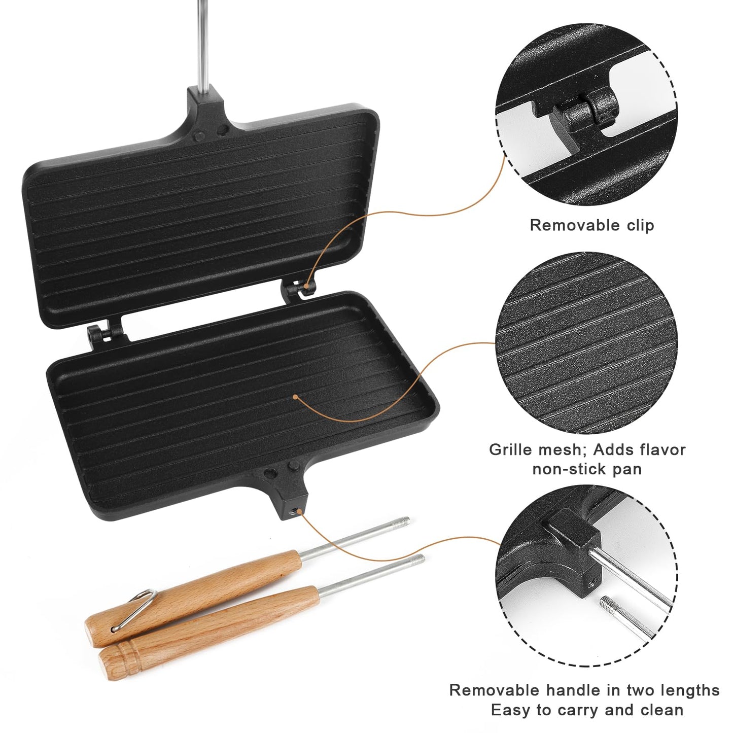 Double Pie Irons, Non-Stick Pie Irons for Camping Cast Iron with 4 Removable Handles Portable Campfire Sandwich Maker Mountain Pie Maker, Do not Grill Directly on Charcoal